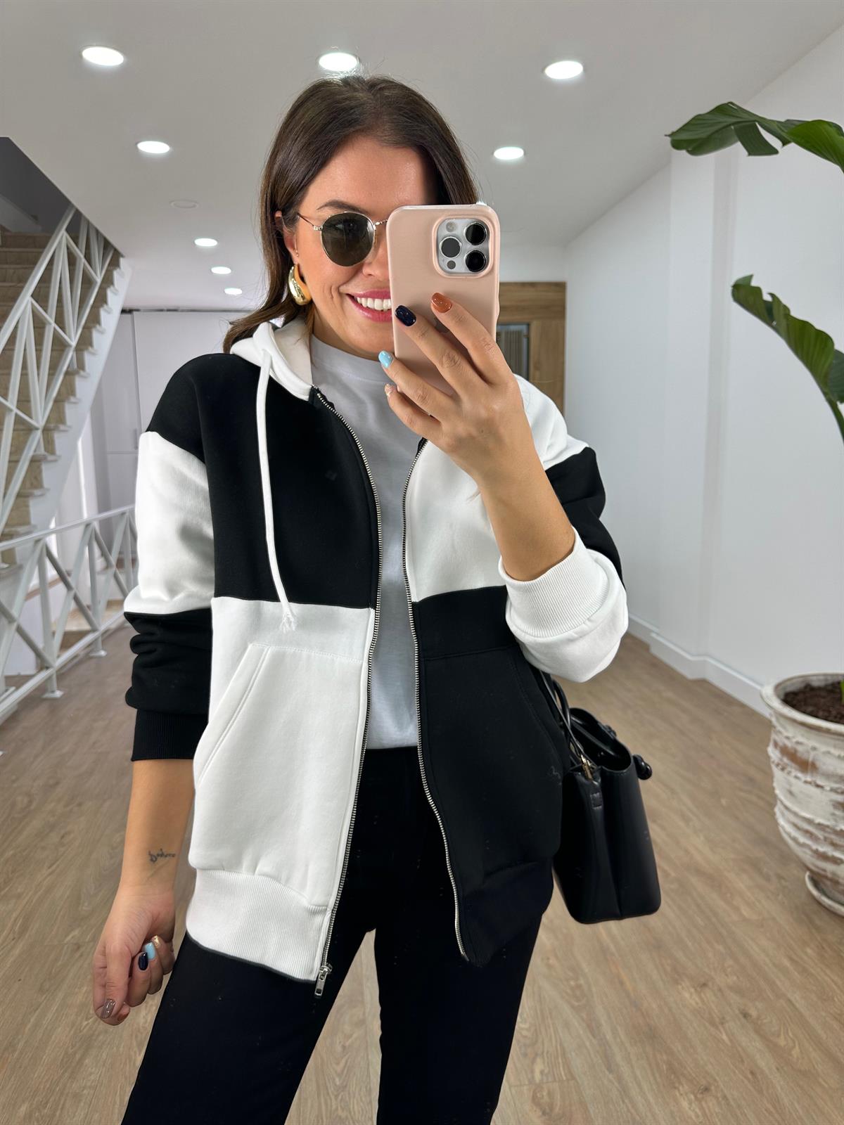 Dama Desenli Önü Fermuarlı Sweashirt