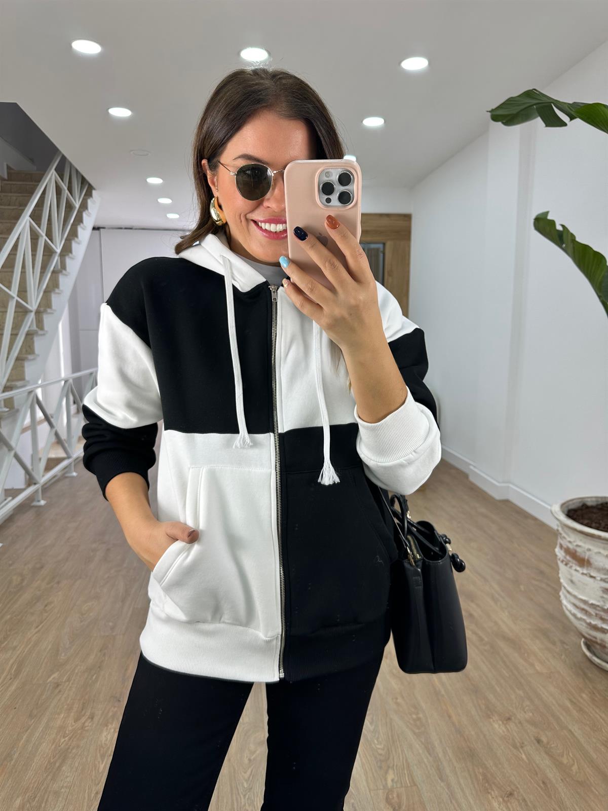 Dama Desenli Önü Fermuarlı Sweashirt