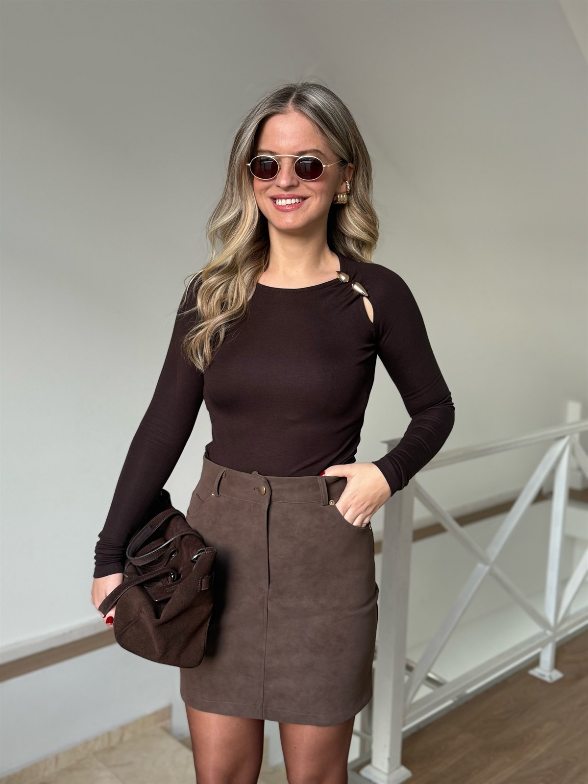 Damla Aksesuarlı Bluz - Kahverengi 