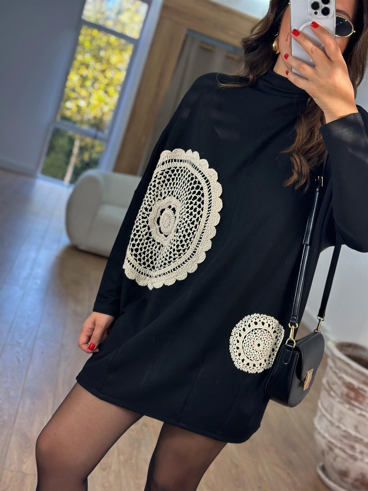 Dantel Detaylı Tunik Elbise-Siyah