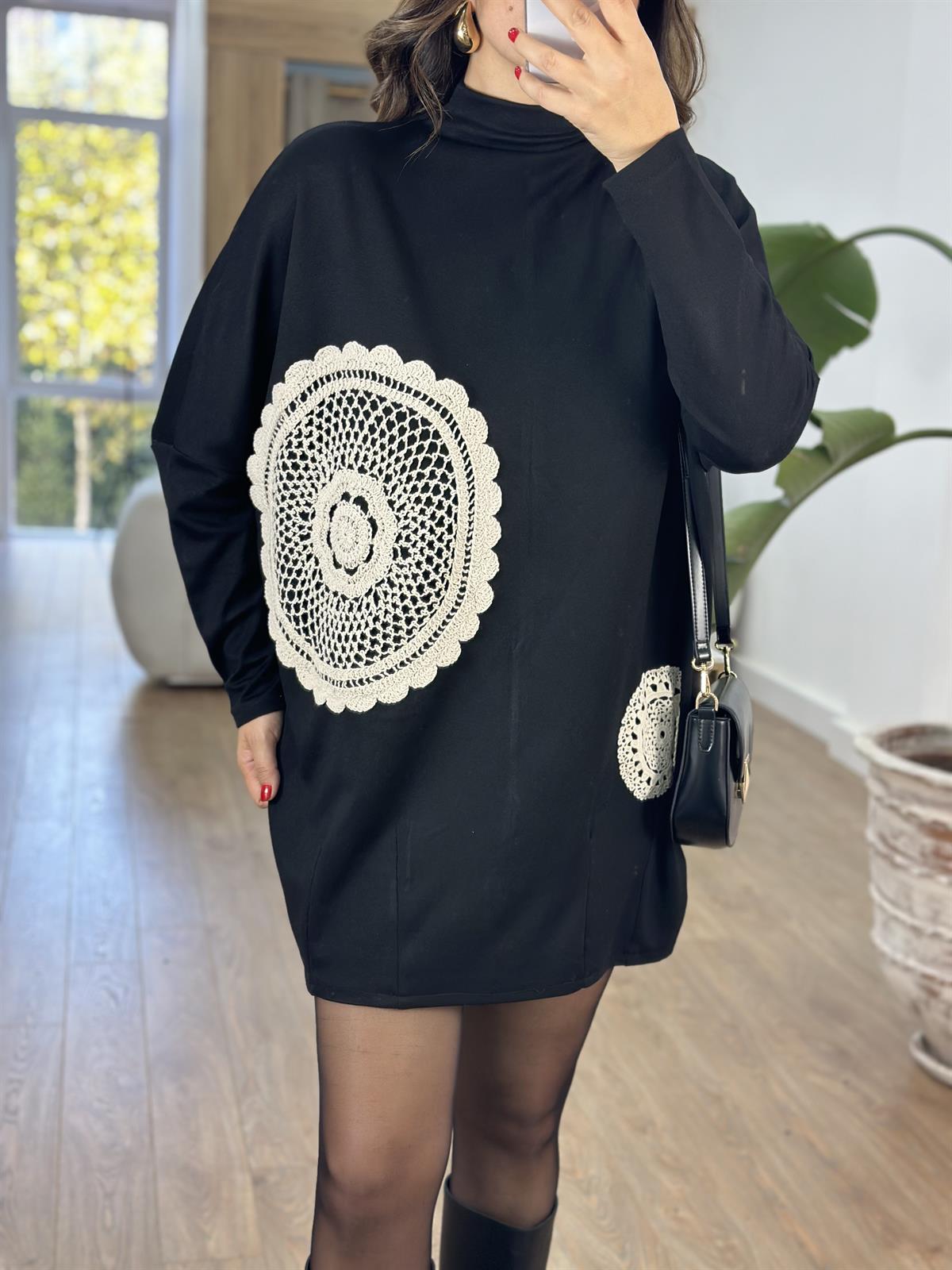 Dantel Detaylı Tunik Elbise-Siyah