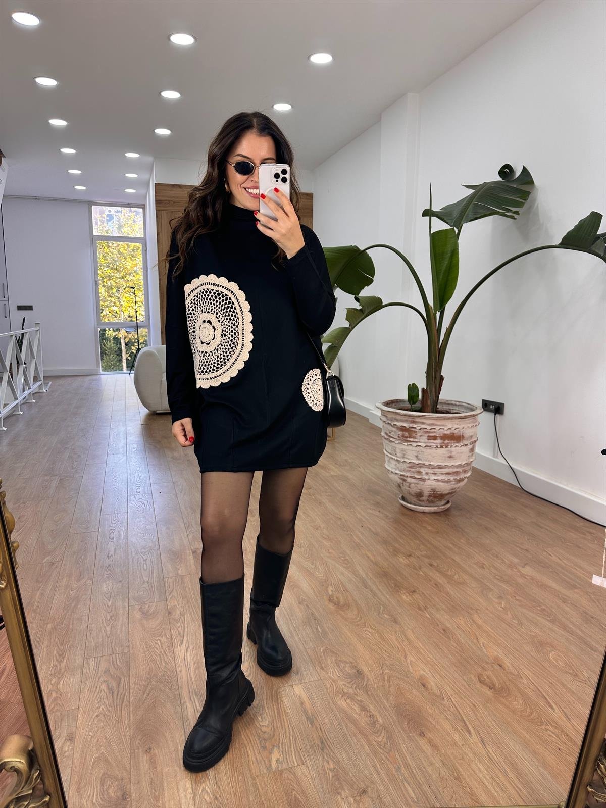 Dantel Detaylı Tunik Elbise-Siyah