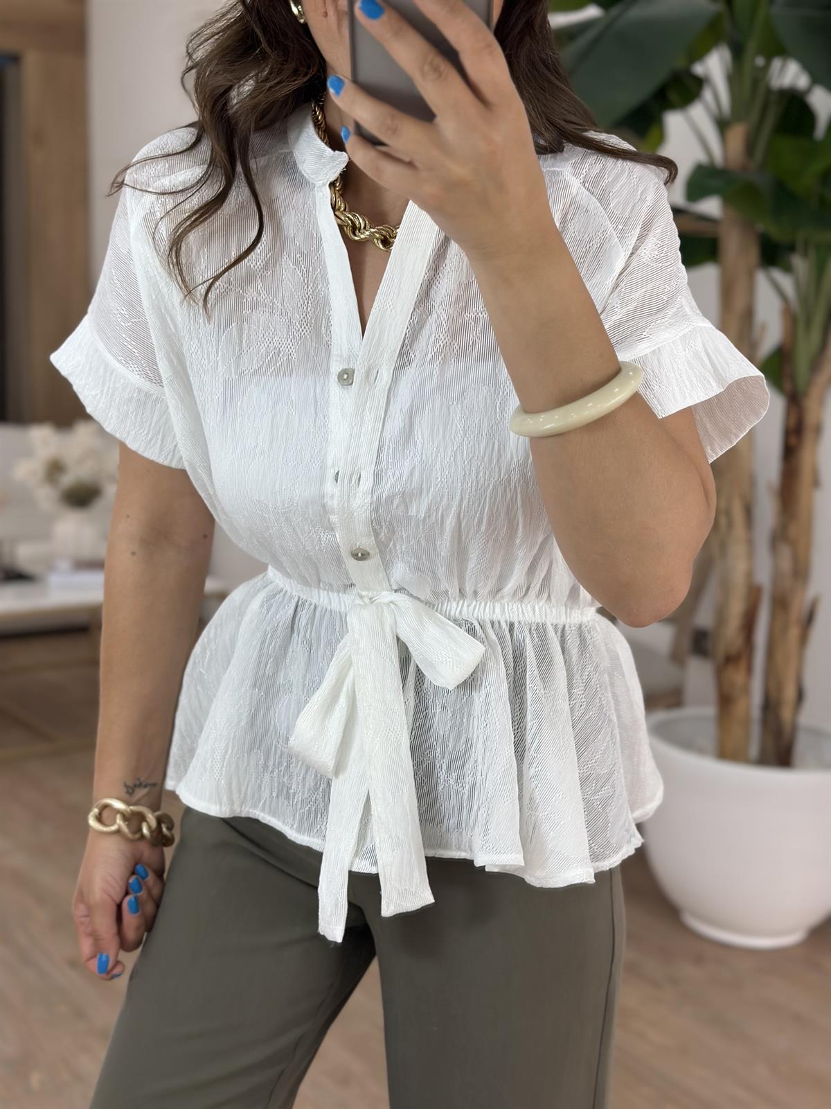 Dantel Detaylı Beli Lastikli Bluz - Beyaz