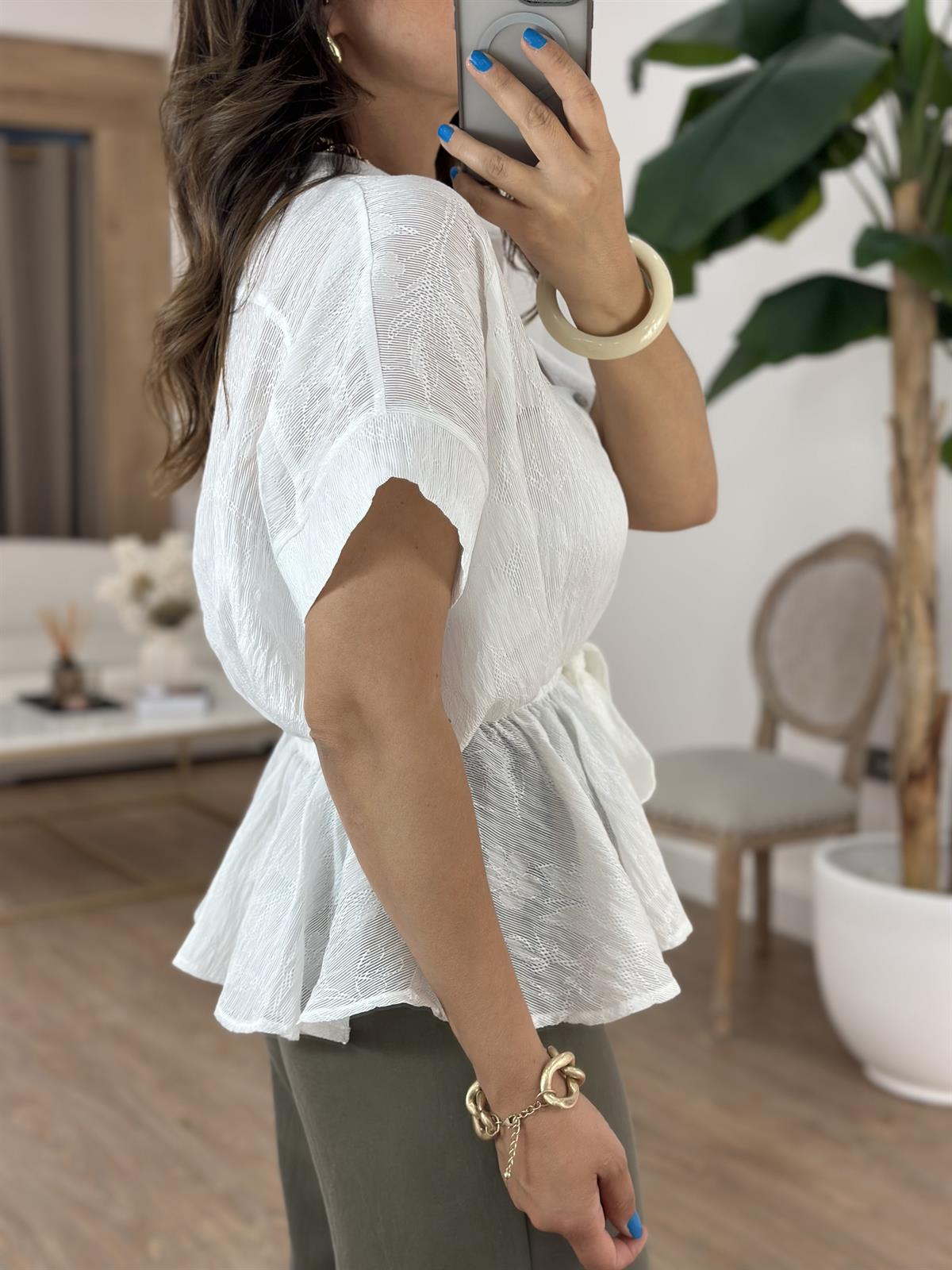 Dantel Detaylı Beli Lastikli Bluz - Beyaz