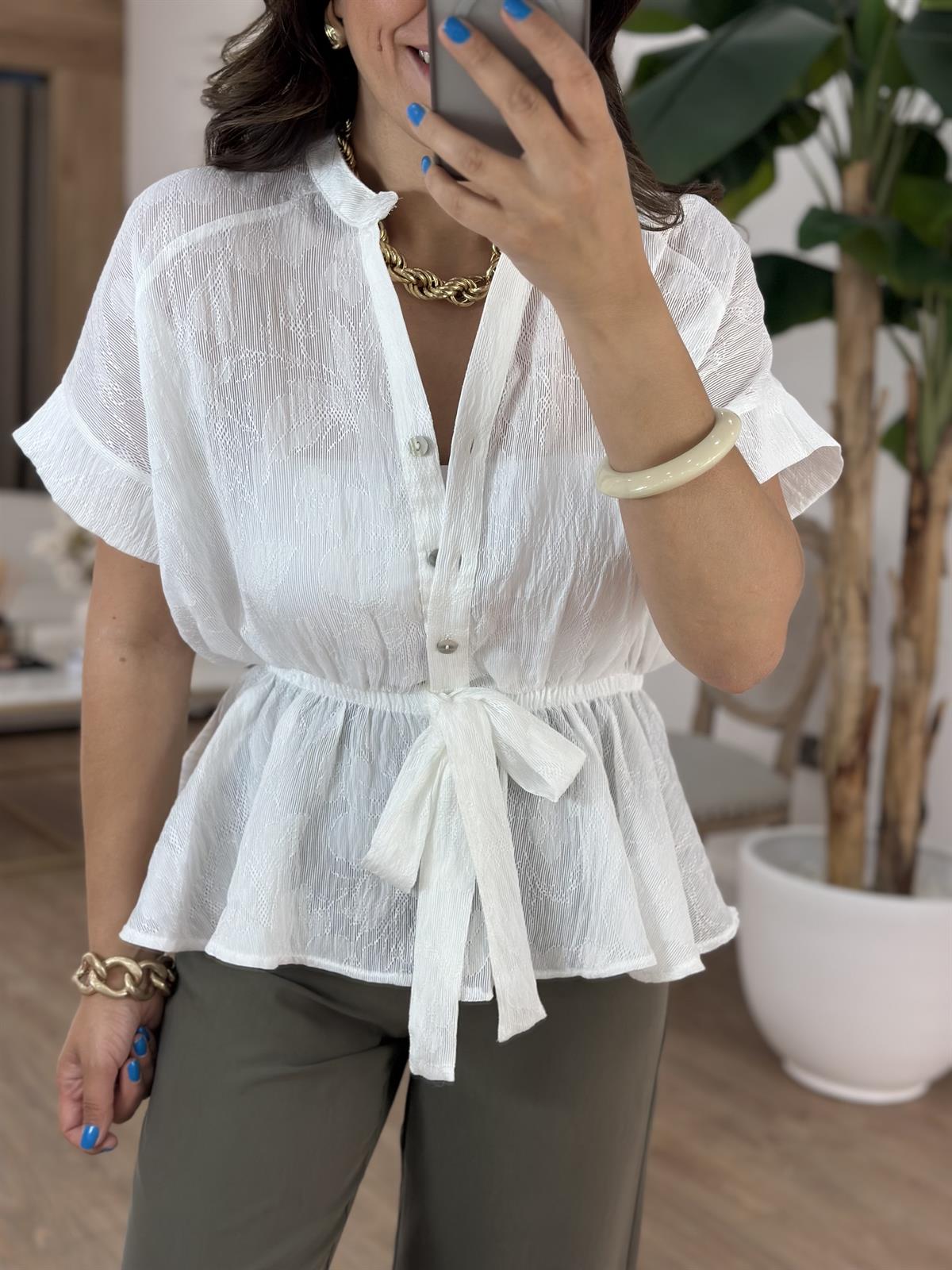 Dantel Detaylı Beli Lastikli Bluz - Beyaz