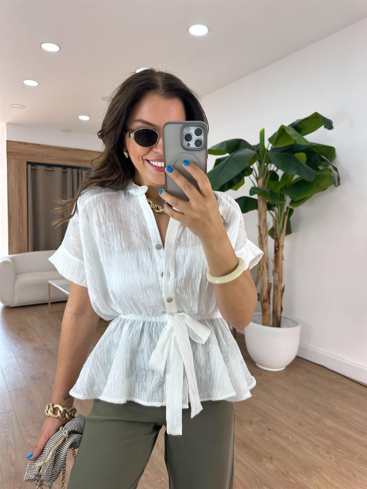 Dantel Detaylı Beli Lastikli Bluz - Beyaz