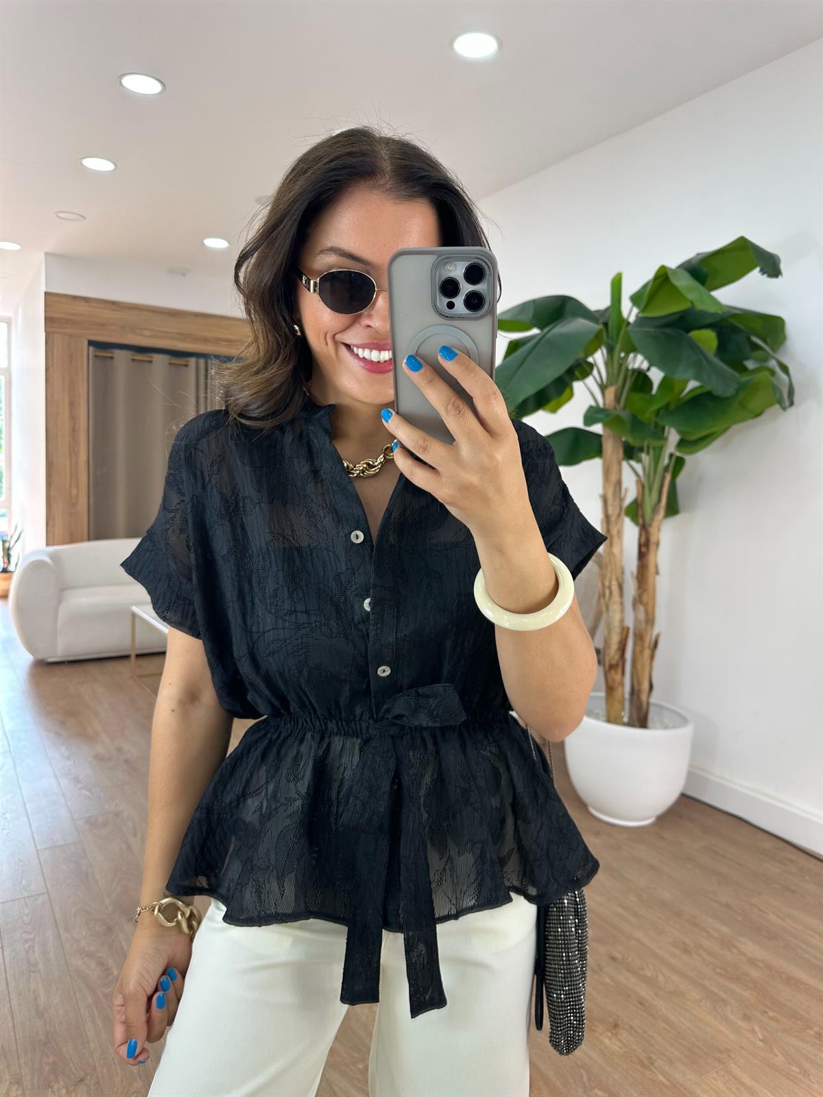 Dantel Detaylı Beli Lastikli Bluz - Siyah