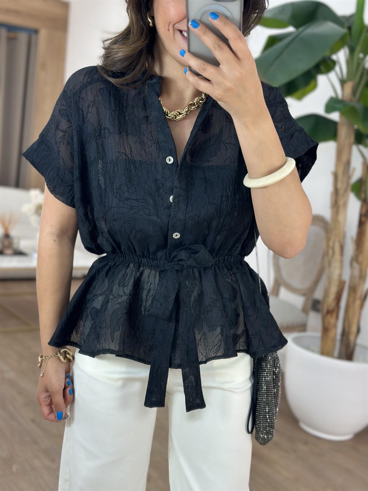 Dantel Detaylı Beli Lastikli Bluz - Siyah