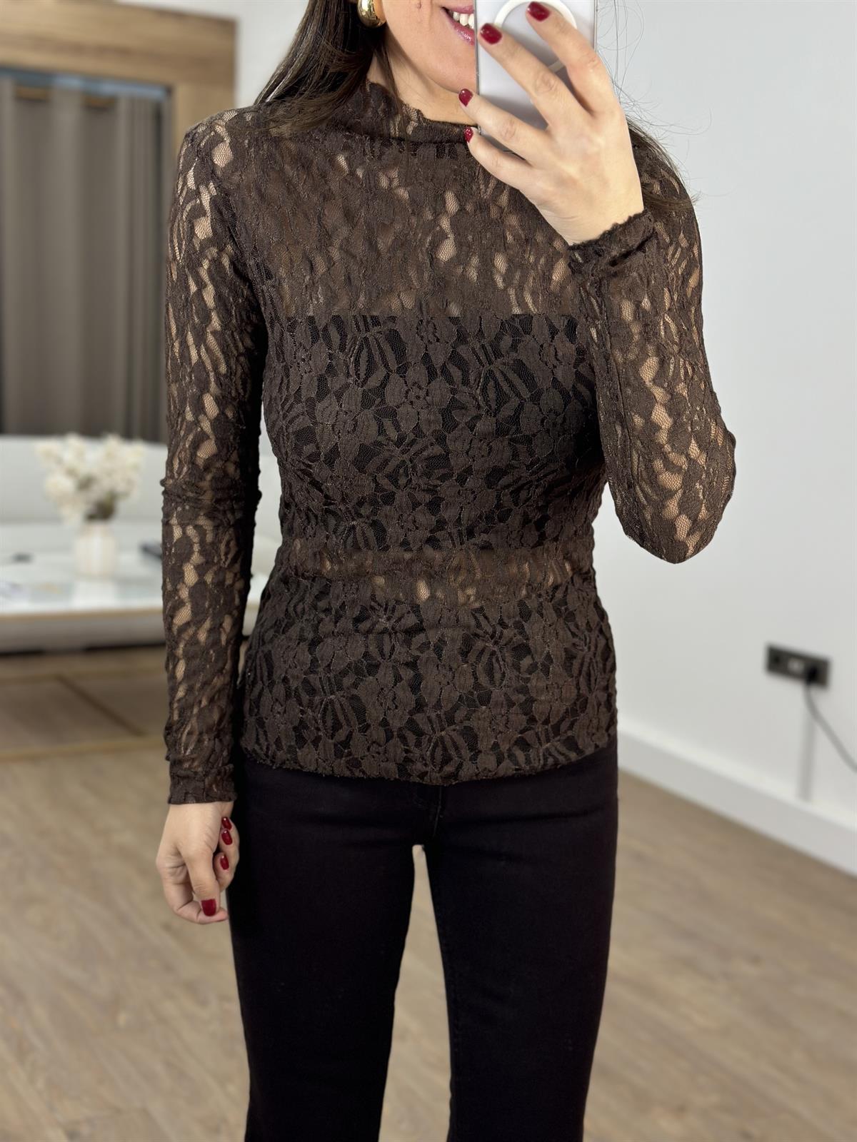 Dantel Detaylı Bluz - Kahverengi