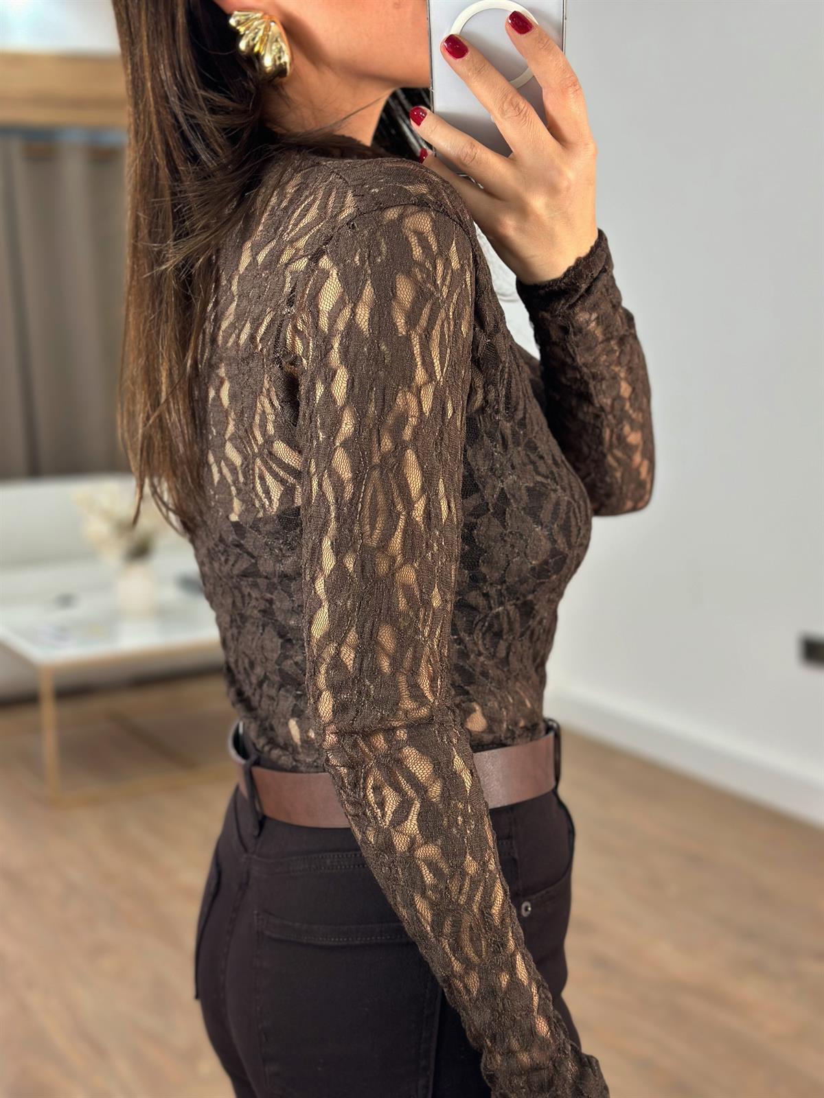 Dantel Detaylı Bluz - Kahverengi