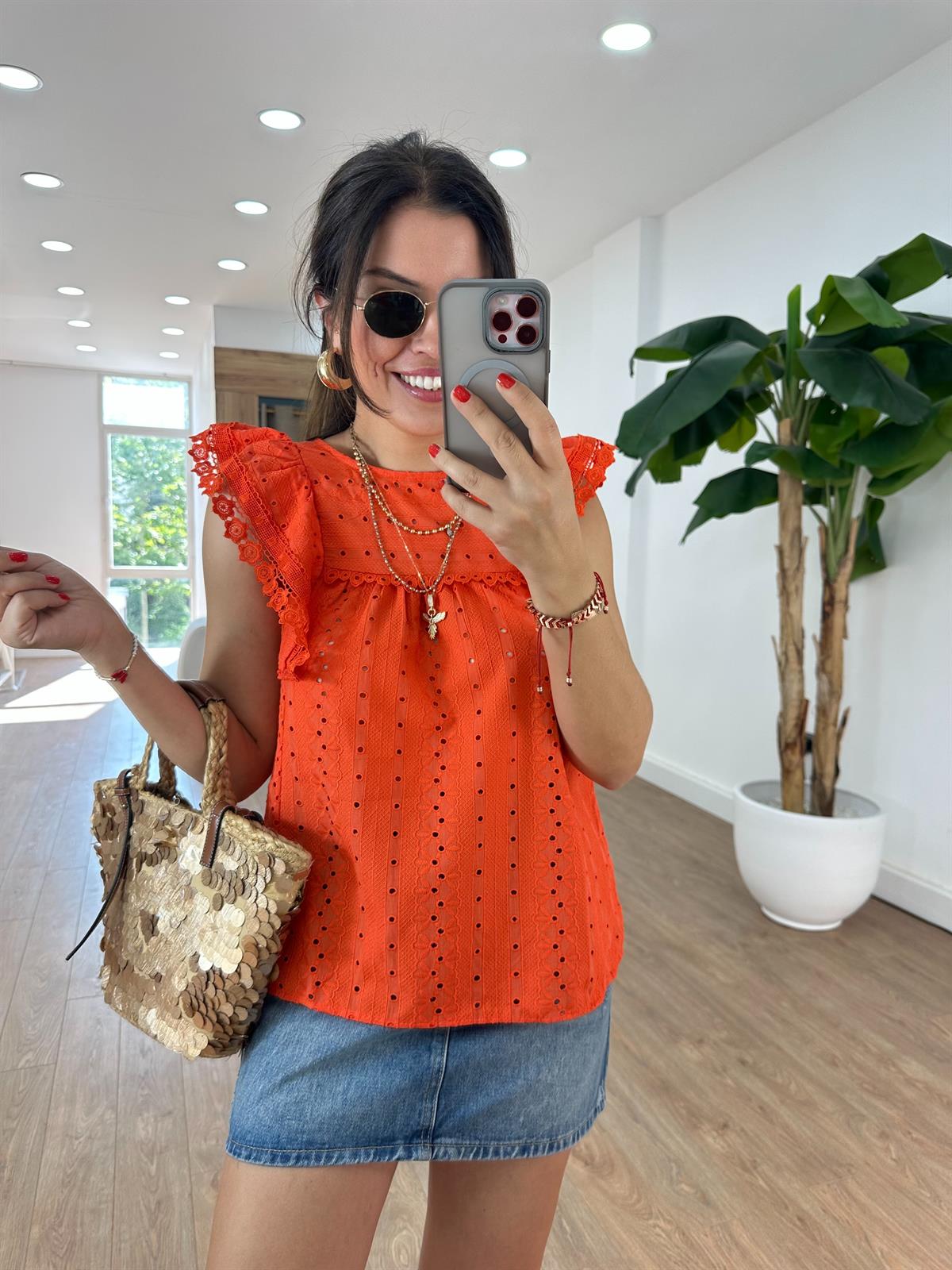 Dantel Detaylı Fisto Bluz - Nar Çiçeği