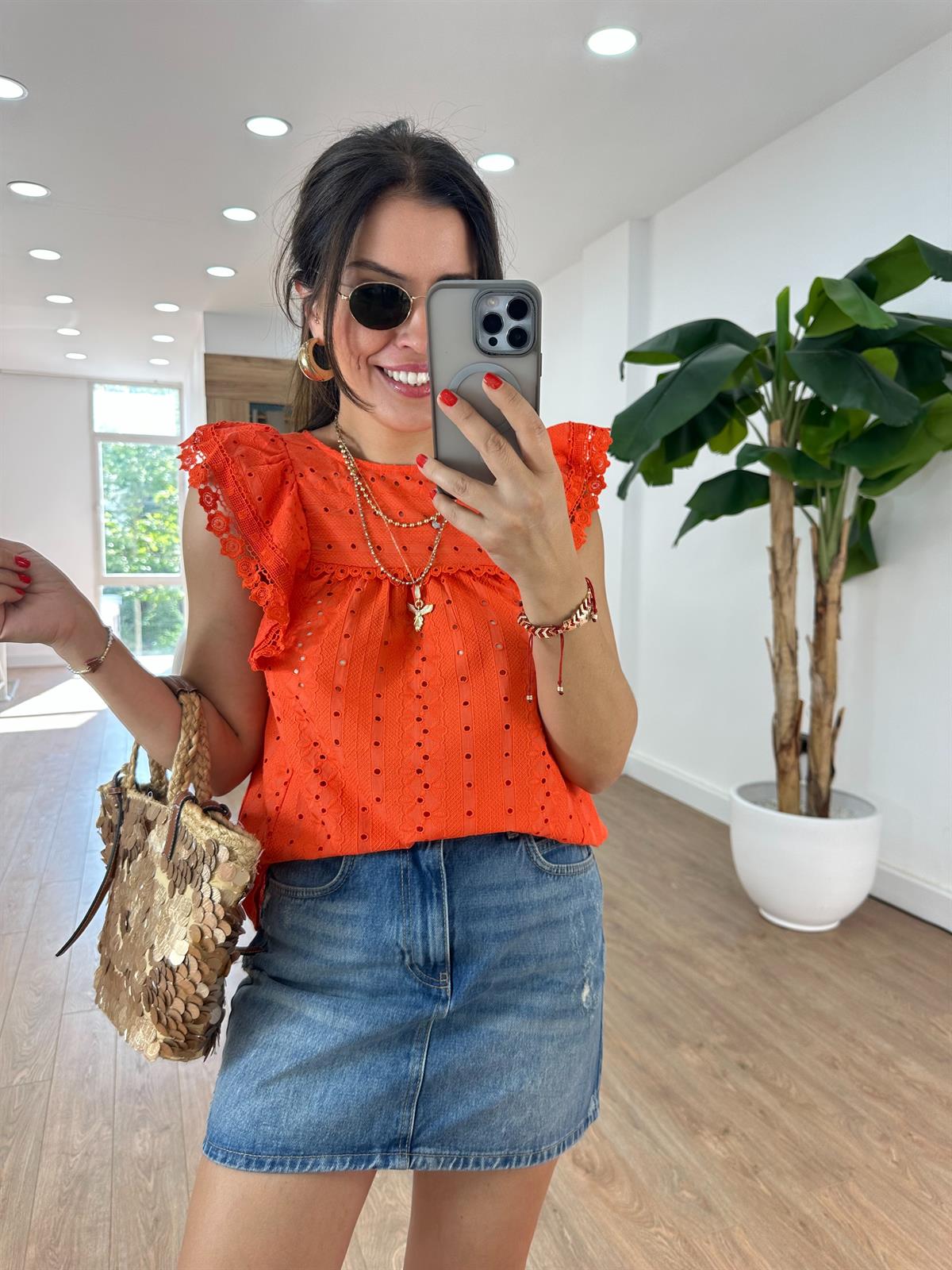 Dantel Detaylı Fisto Bluz - Nar Çiçeği