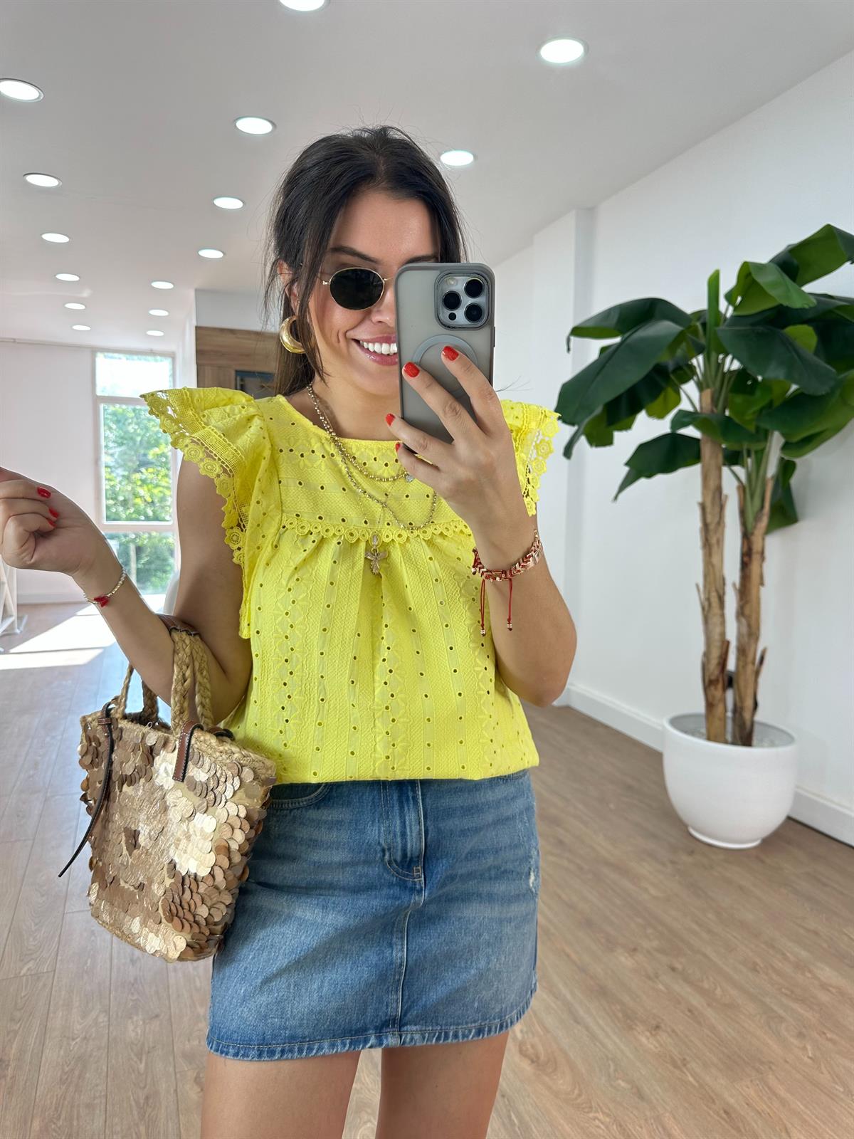 Dantel Detaylı Fisto Bluz - Sarı