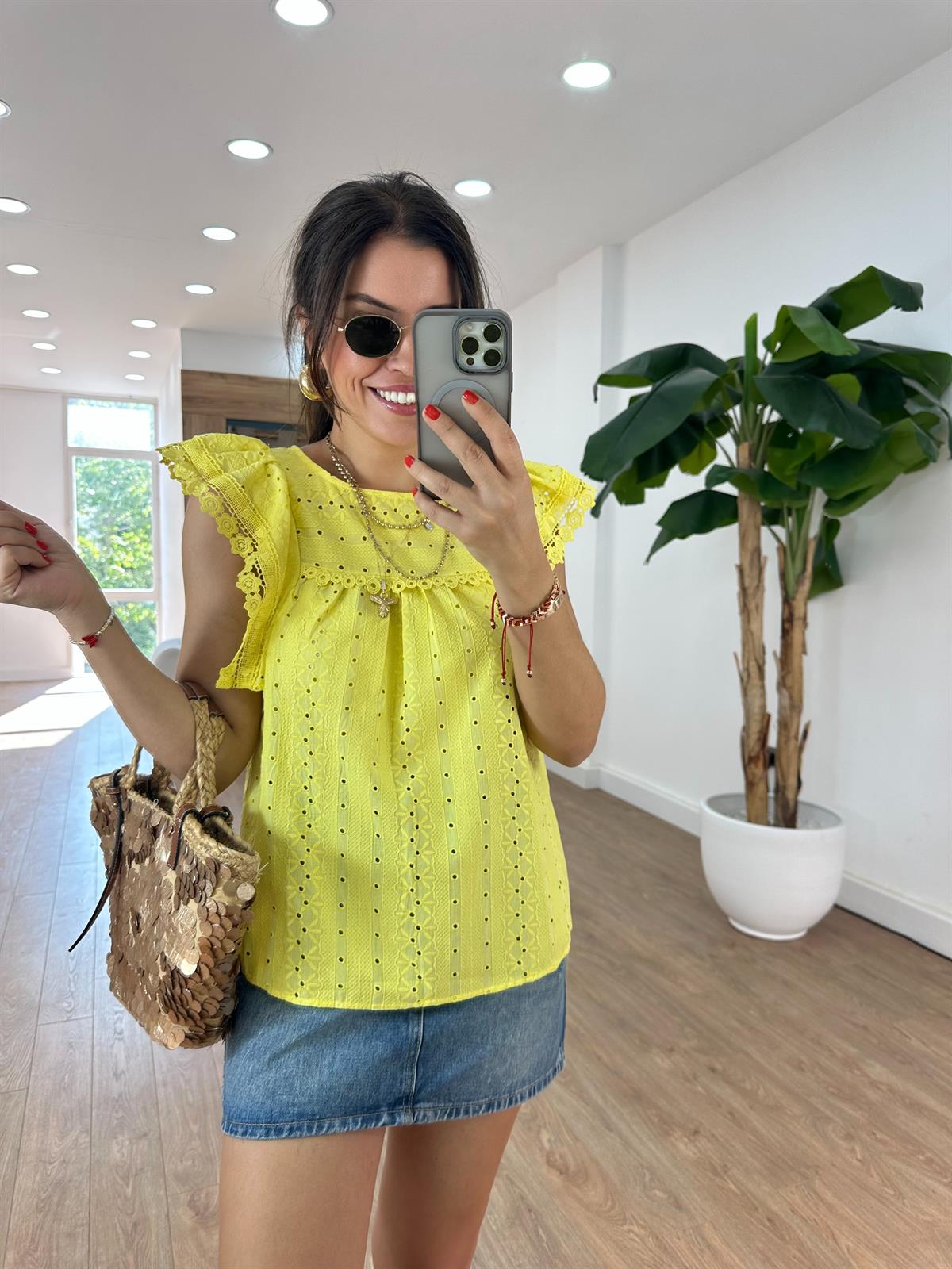 Dantel Detaylı Fisto Bluz - Sarı