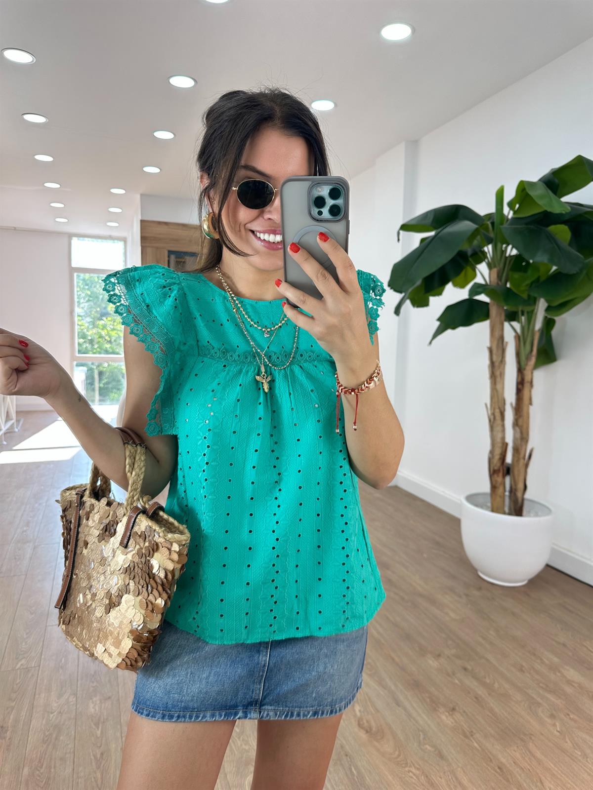 Dantel Detaylı Fisto Bluz - Yeşil