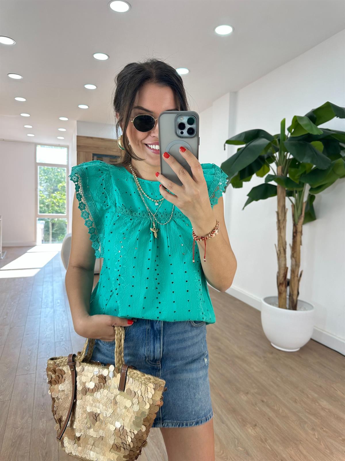 Dantel Detaylı Fisto Bluz - Yeşil