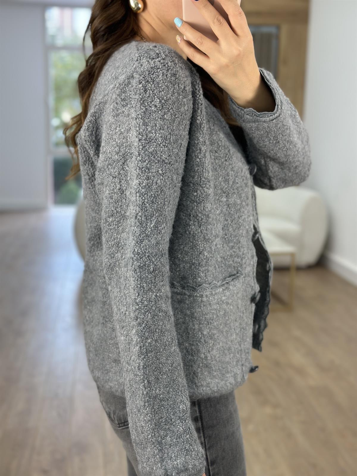 Dantel Detaylı Önden Cepli Buklet Hırka-Gri