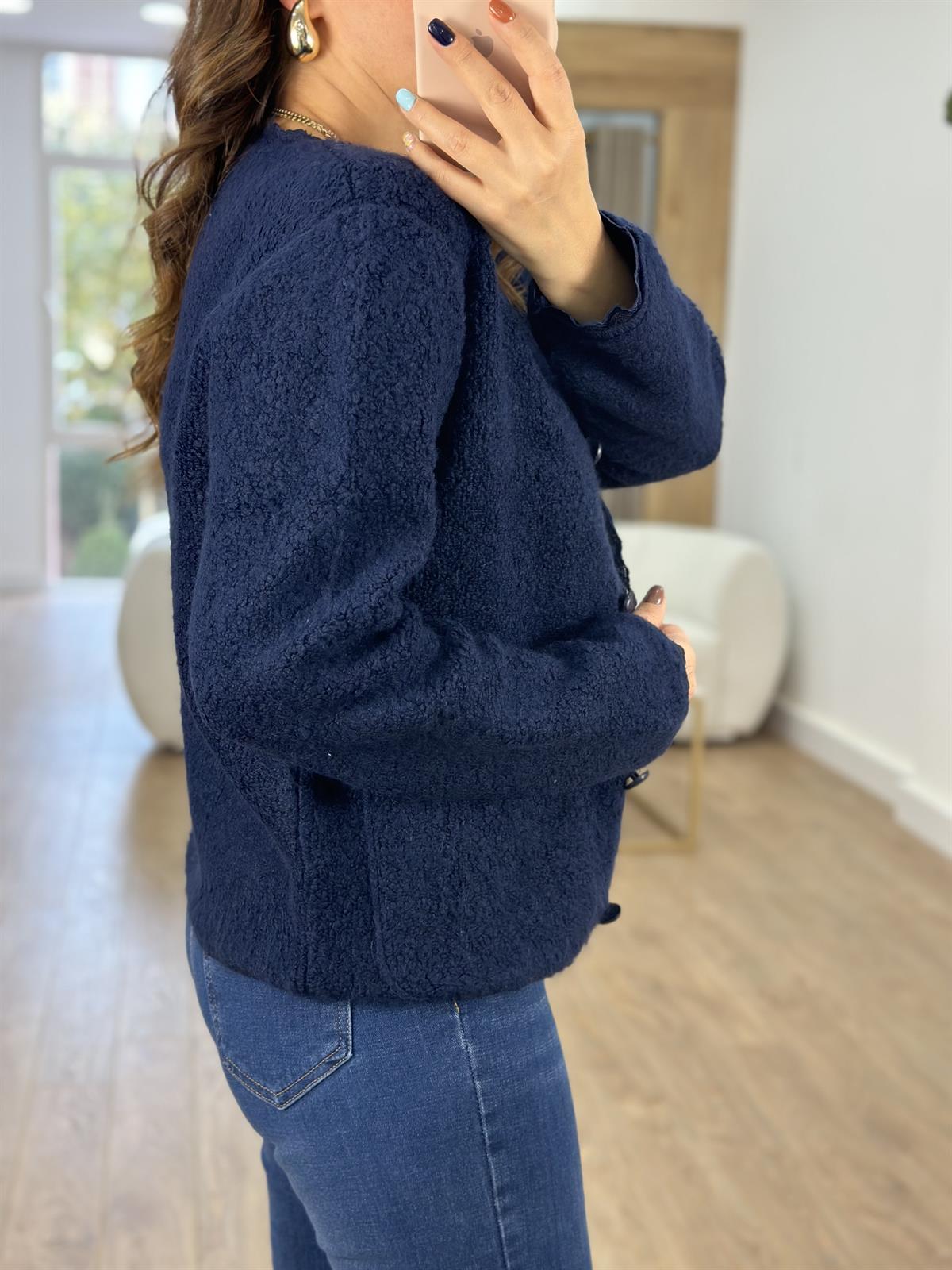 Dantel Detaylı Önden Cepli Buklet Hırka-Lacivert