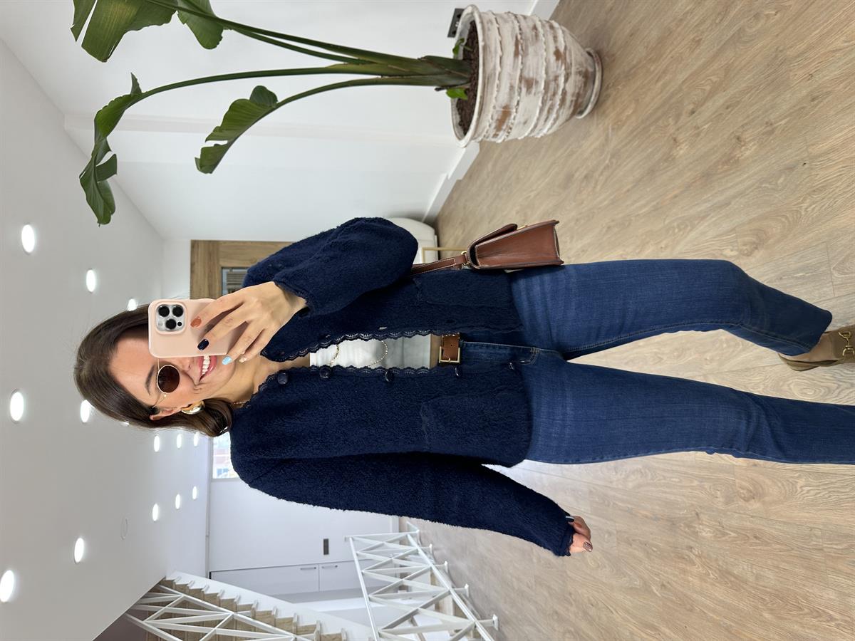 Dantel Detaylı Önden Cepli Buklet Hırka-Lacivert