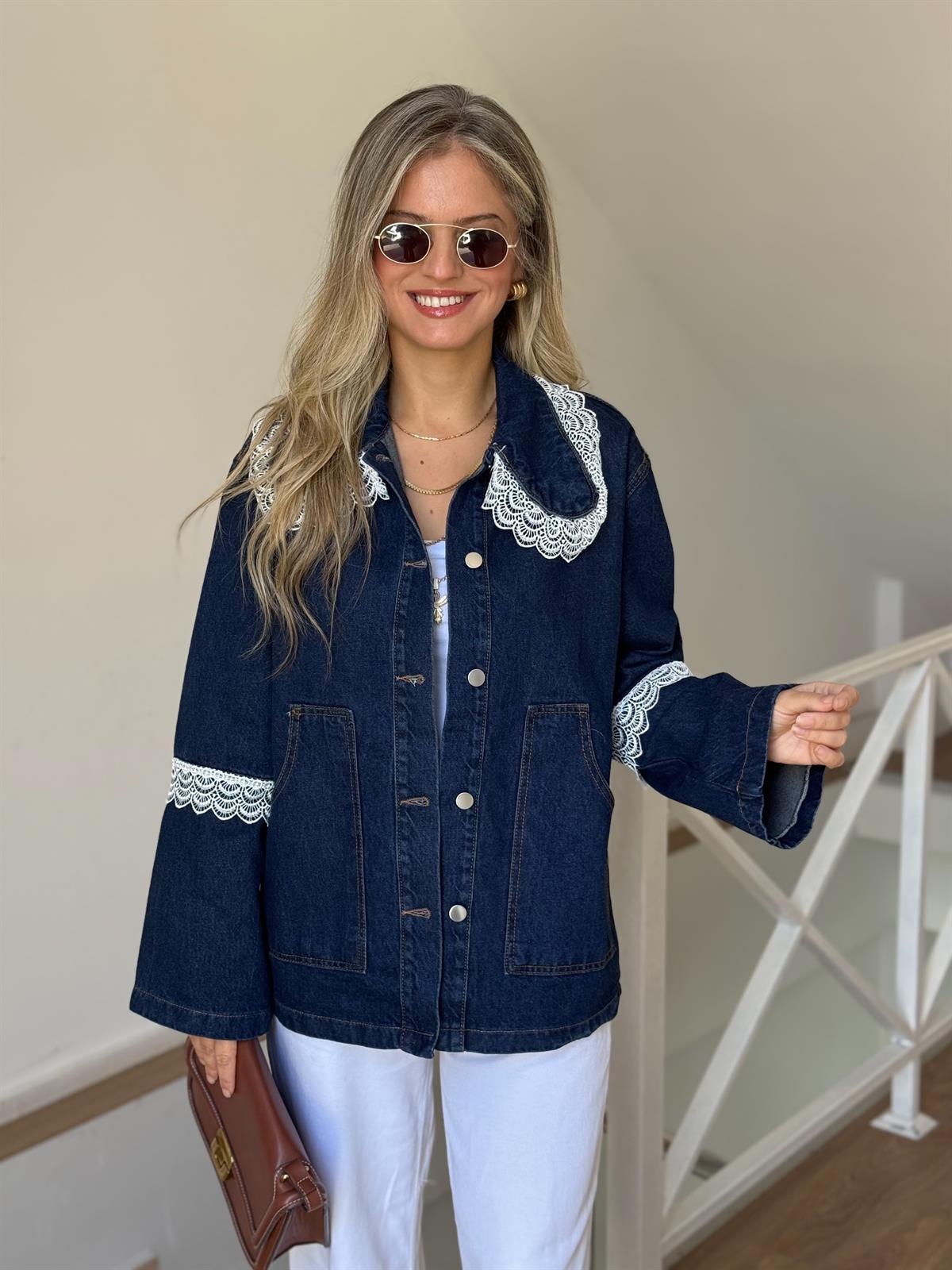 Dantel Detaylı Oversize Denim Ceket 