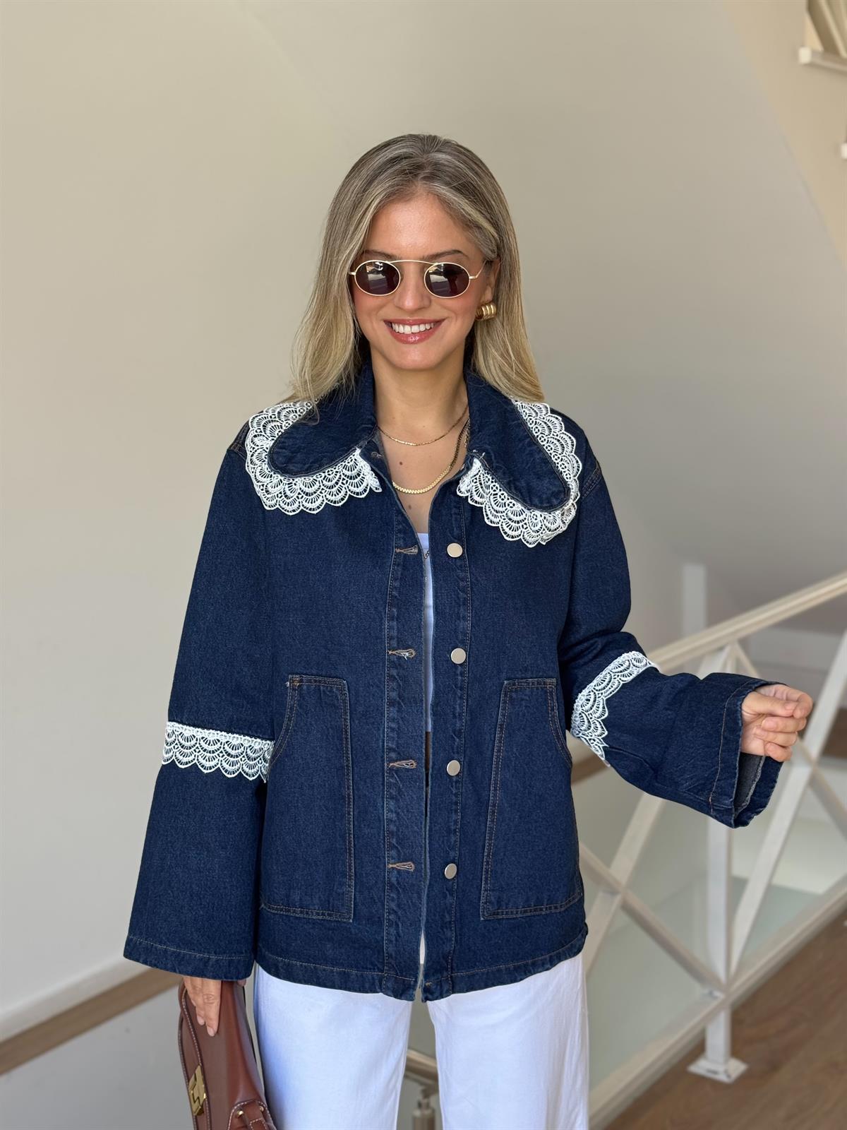Dantel Detaylı Oversize Denim Ceket 