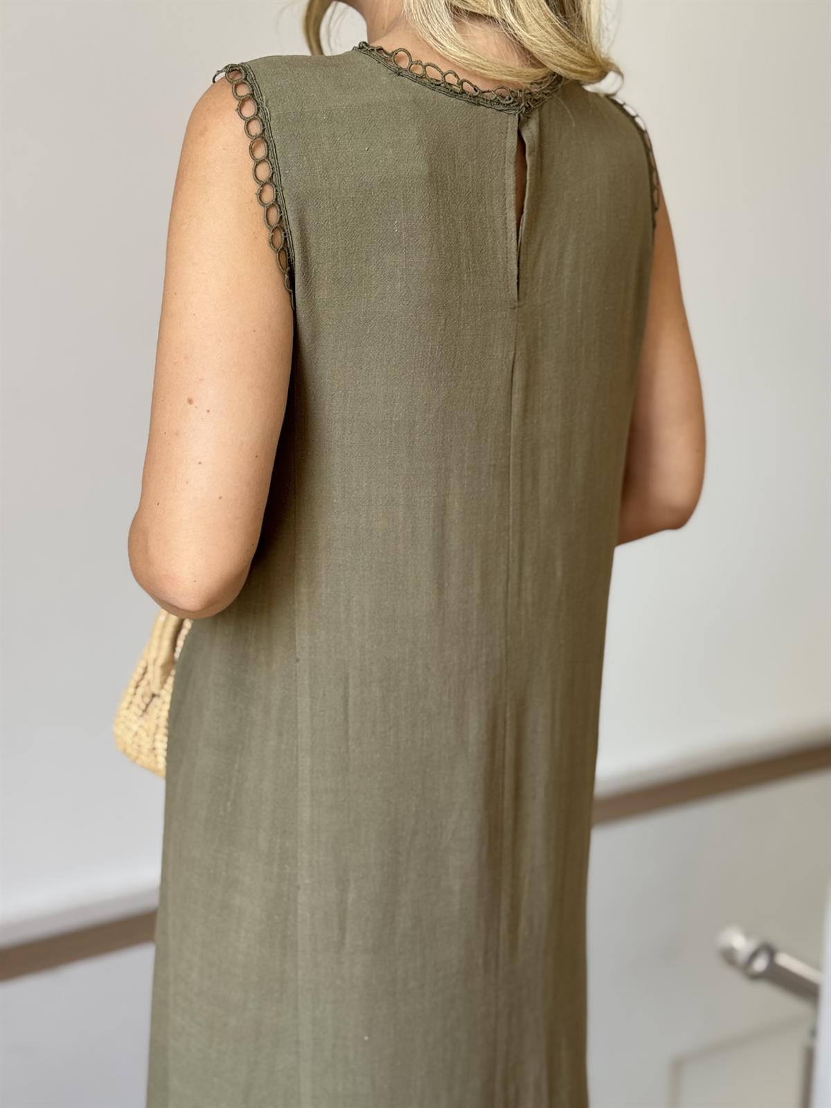 Dantel Detaylı Pamuklu Midi Elbise - Haki