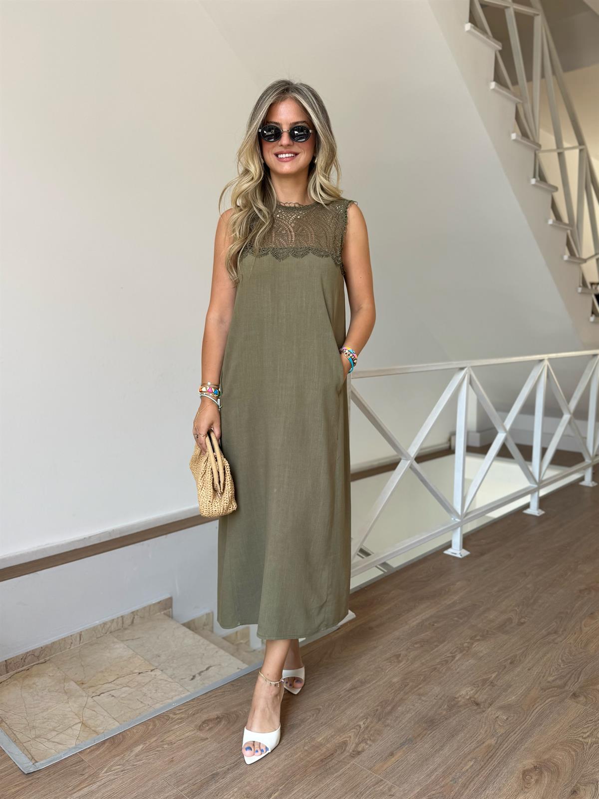 Dantel Detaylı Pamuklu Midi Elbise - Haki