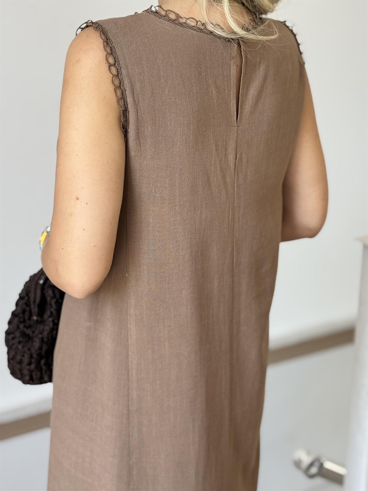 Dantel Detaylı Pamuklu Midi Elbise - Kahverengi