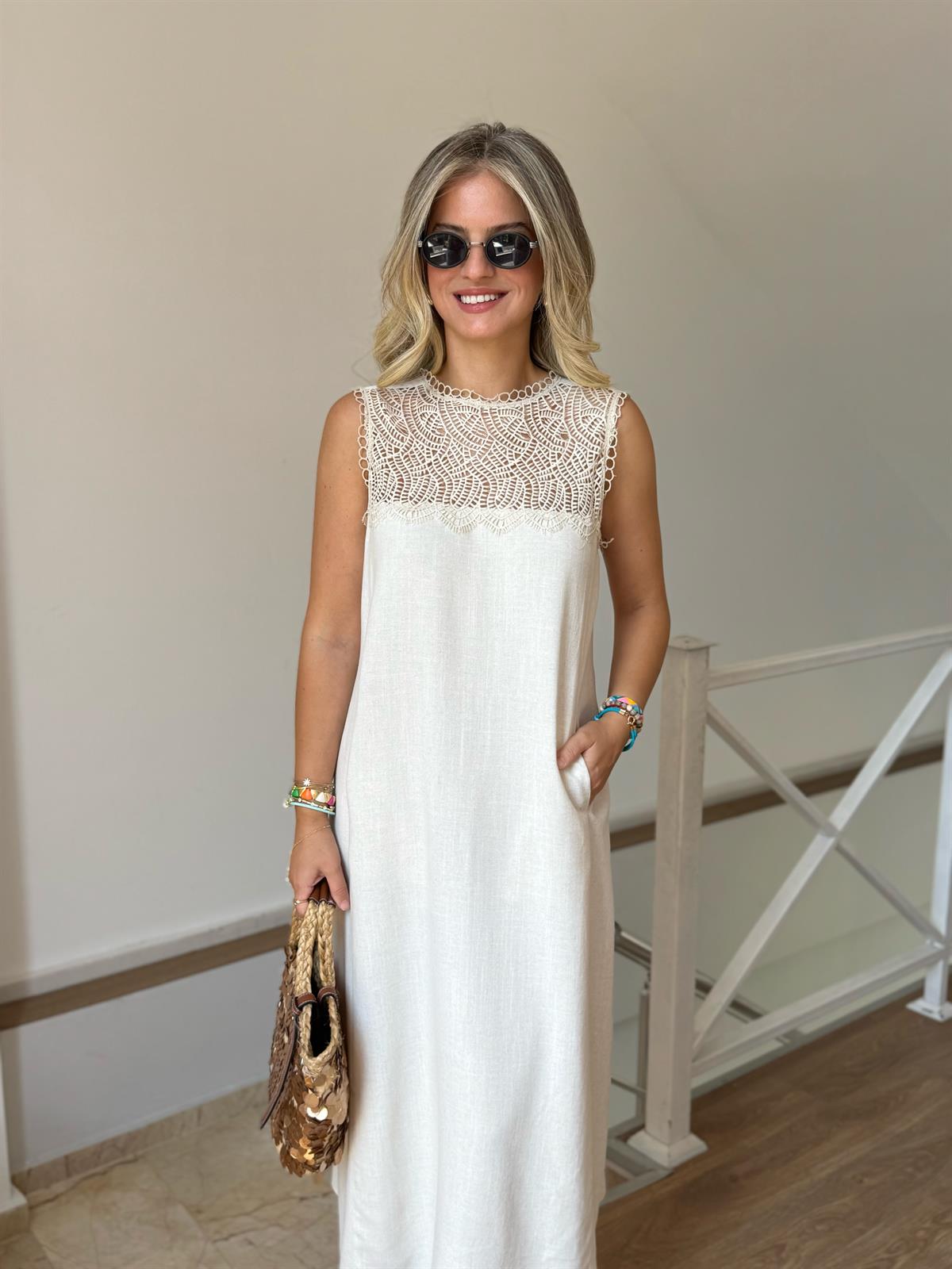 Dantel Detaylı Pamuklu Midi Elbise - Naturel