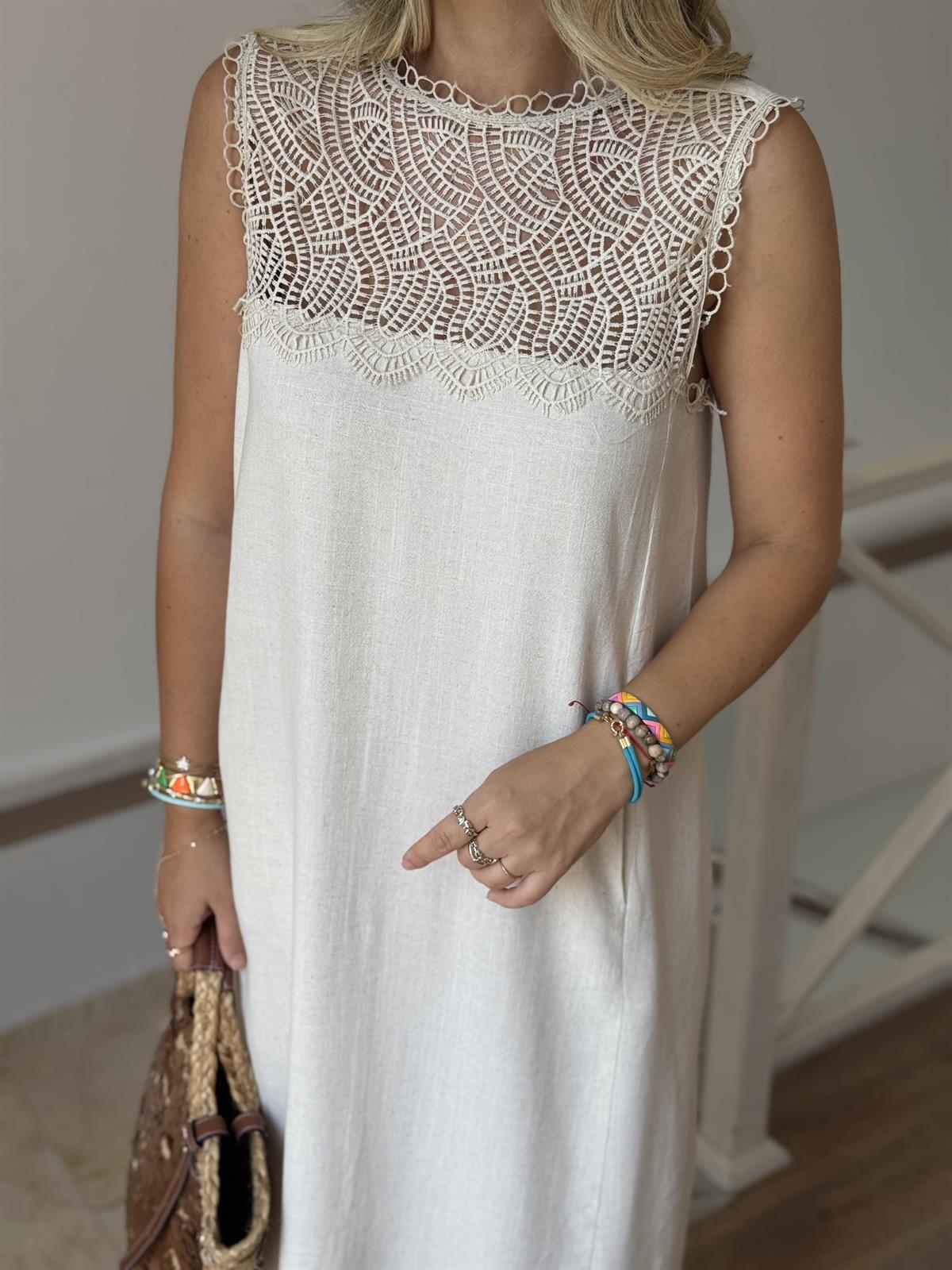 Dantel Detaylı Pamuklu Midi Elbise - Naturel