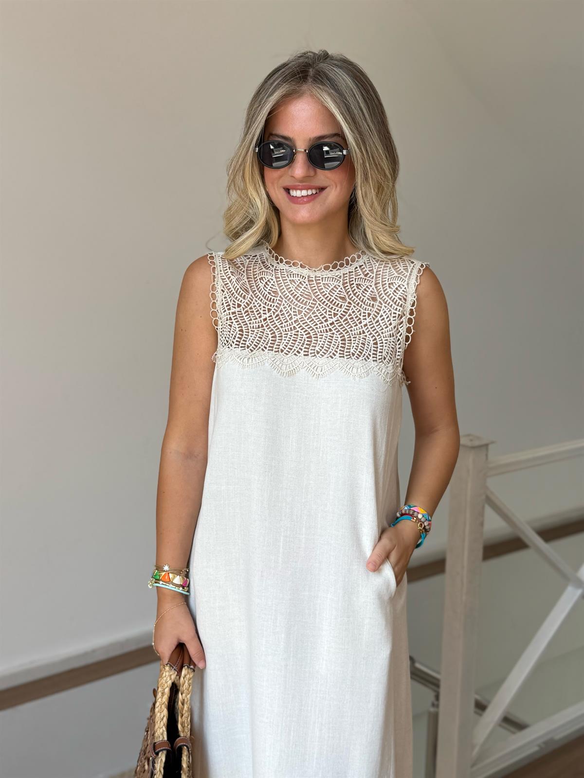 Dantel Detaylı Pamuklu Midi Elbise - Naturel