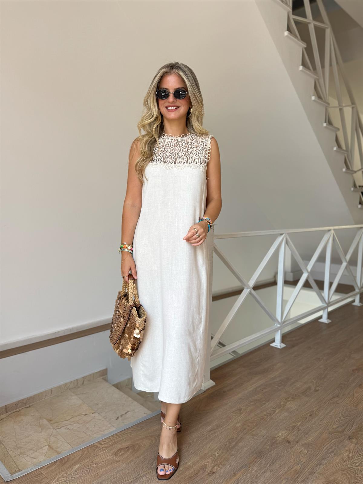 Dantel Detaylı Pamuklu Midi Elbise - Naturel