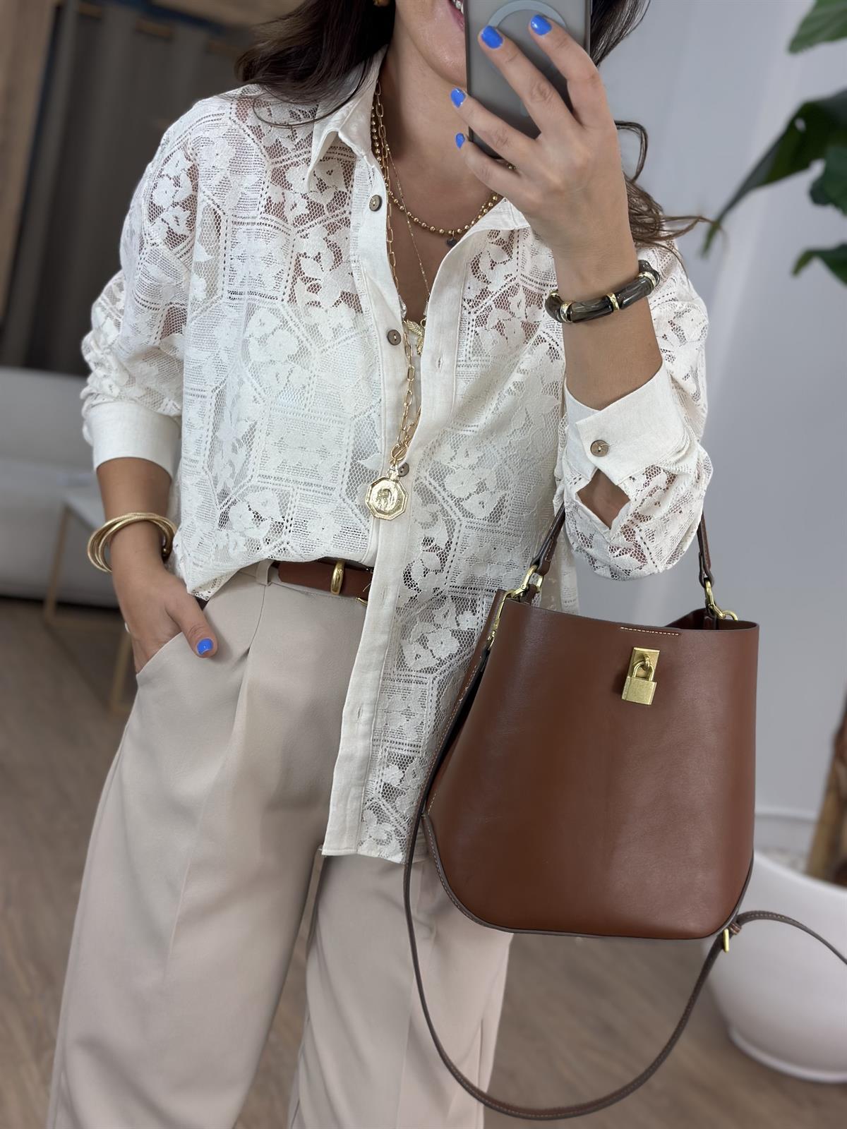 Dantel Detaylı Salaş Gömlek - Ekru