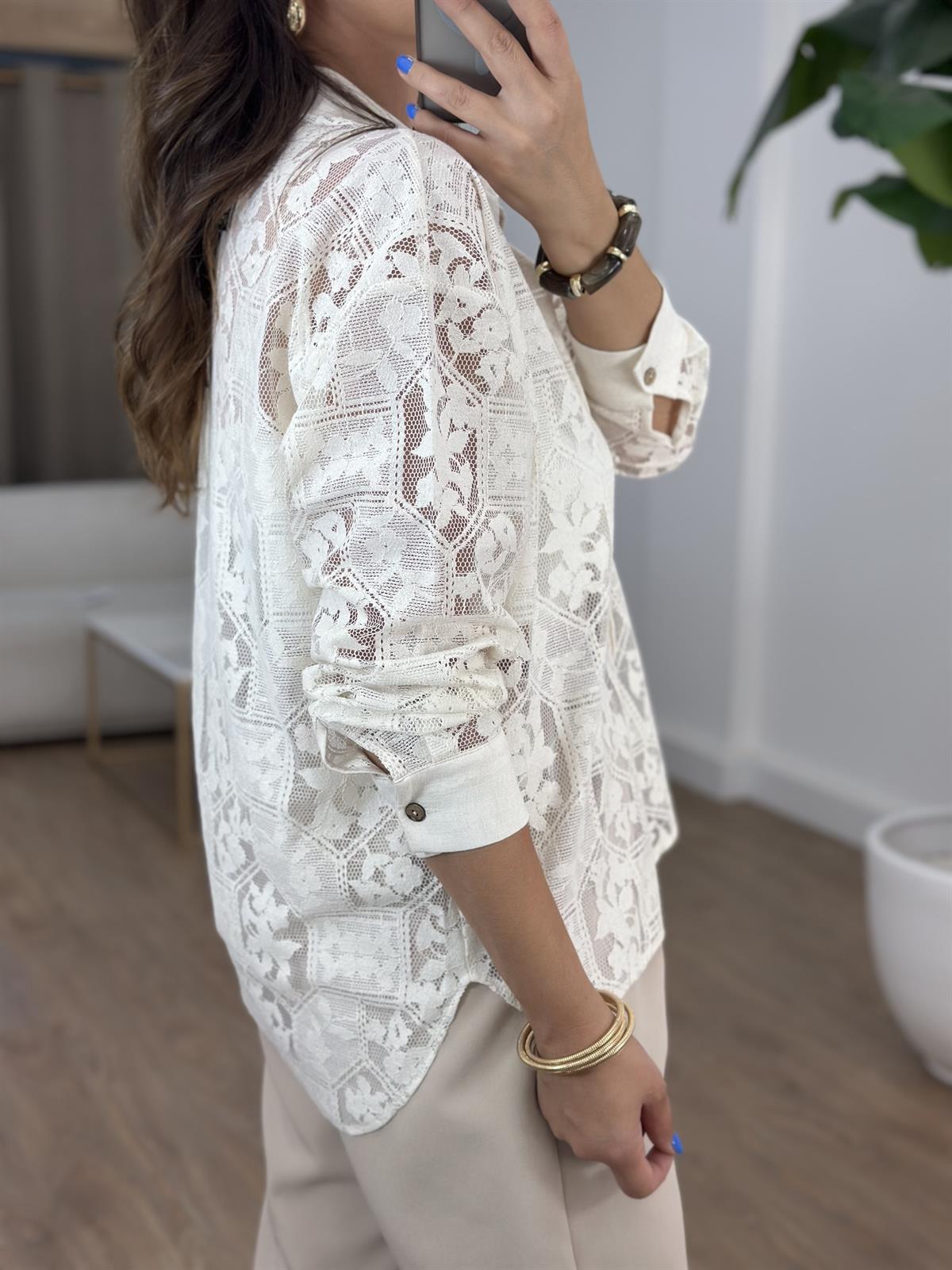 Dantel Detaylı Salaş Gömlek - Ekru