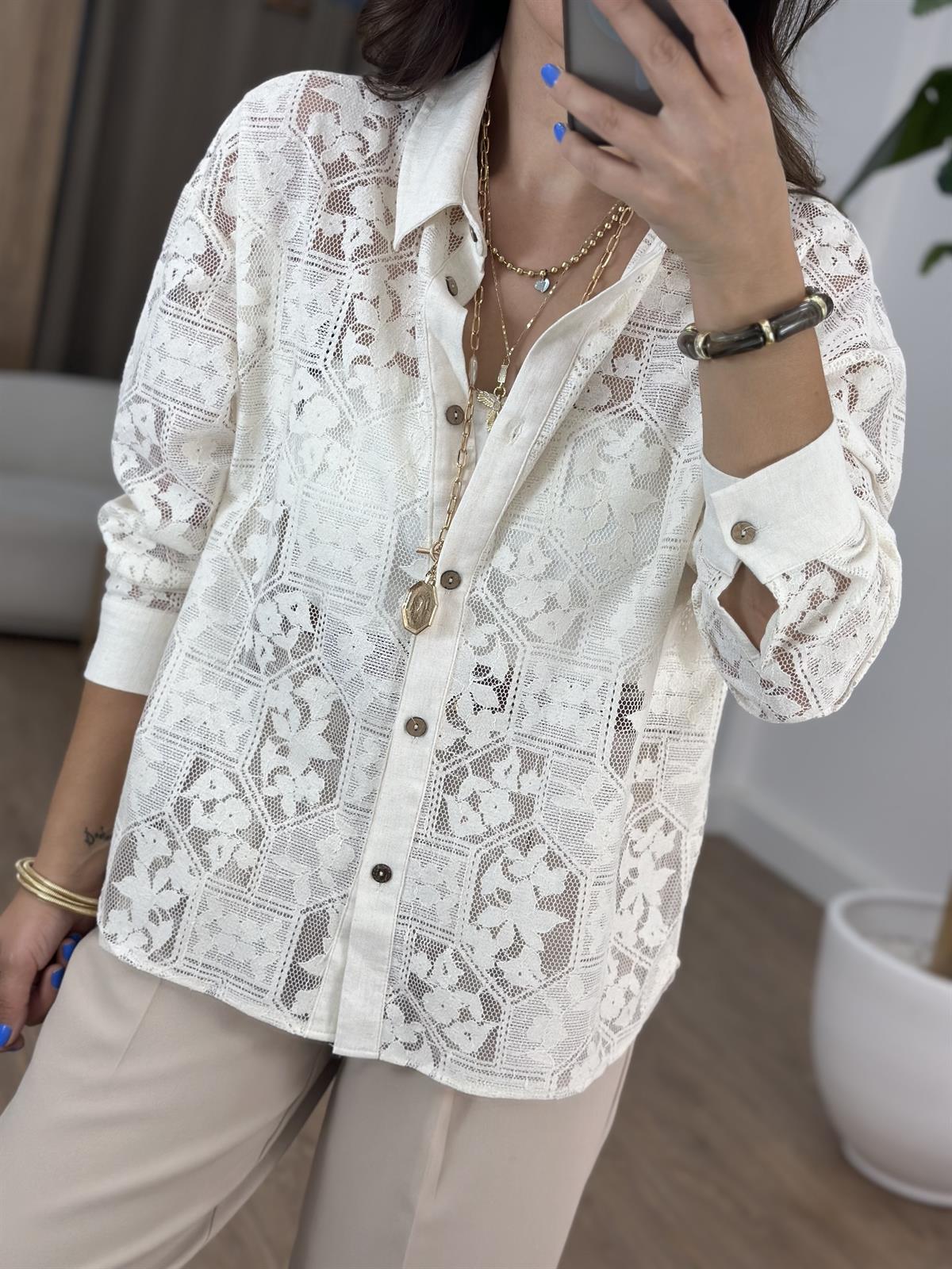 Dantel Detaylı Salaş Gömlek - Ekru