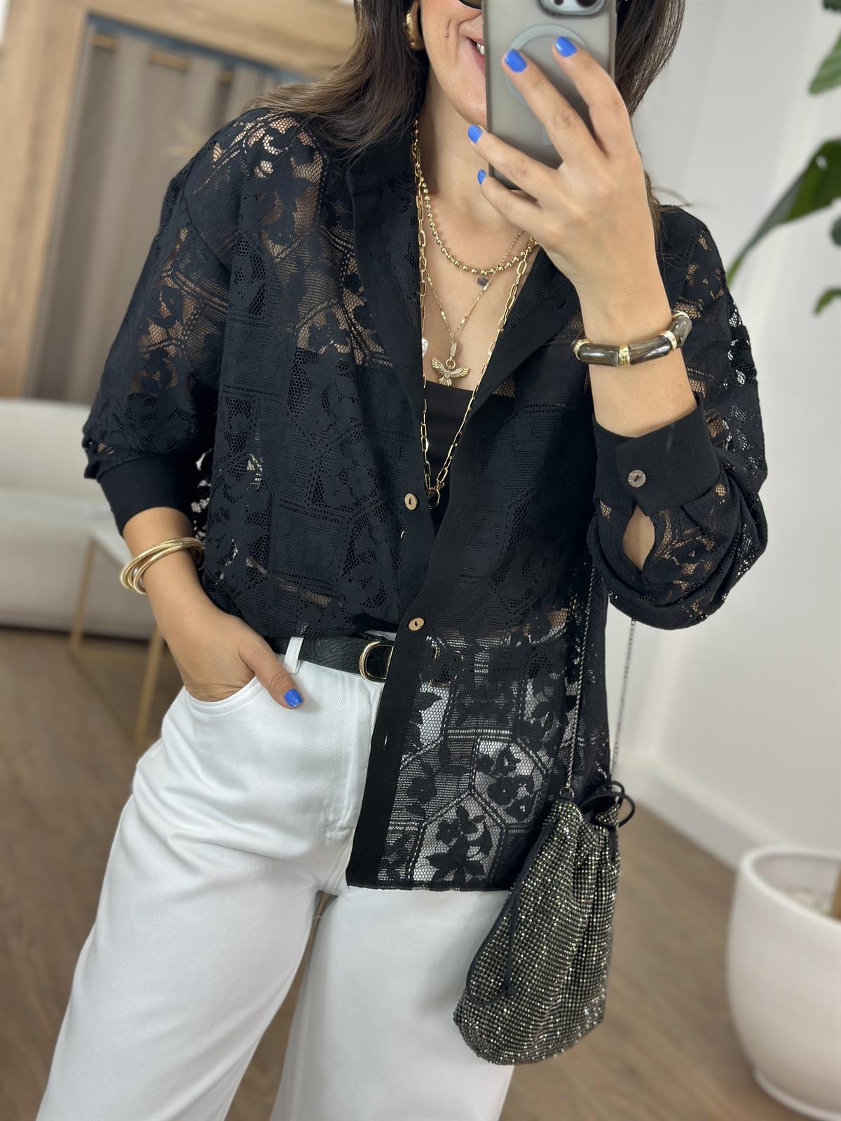 Dantel Detaylı Salaş Gömlek - Siyah