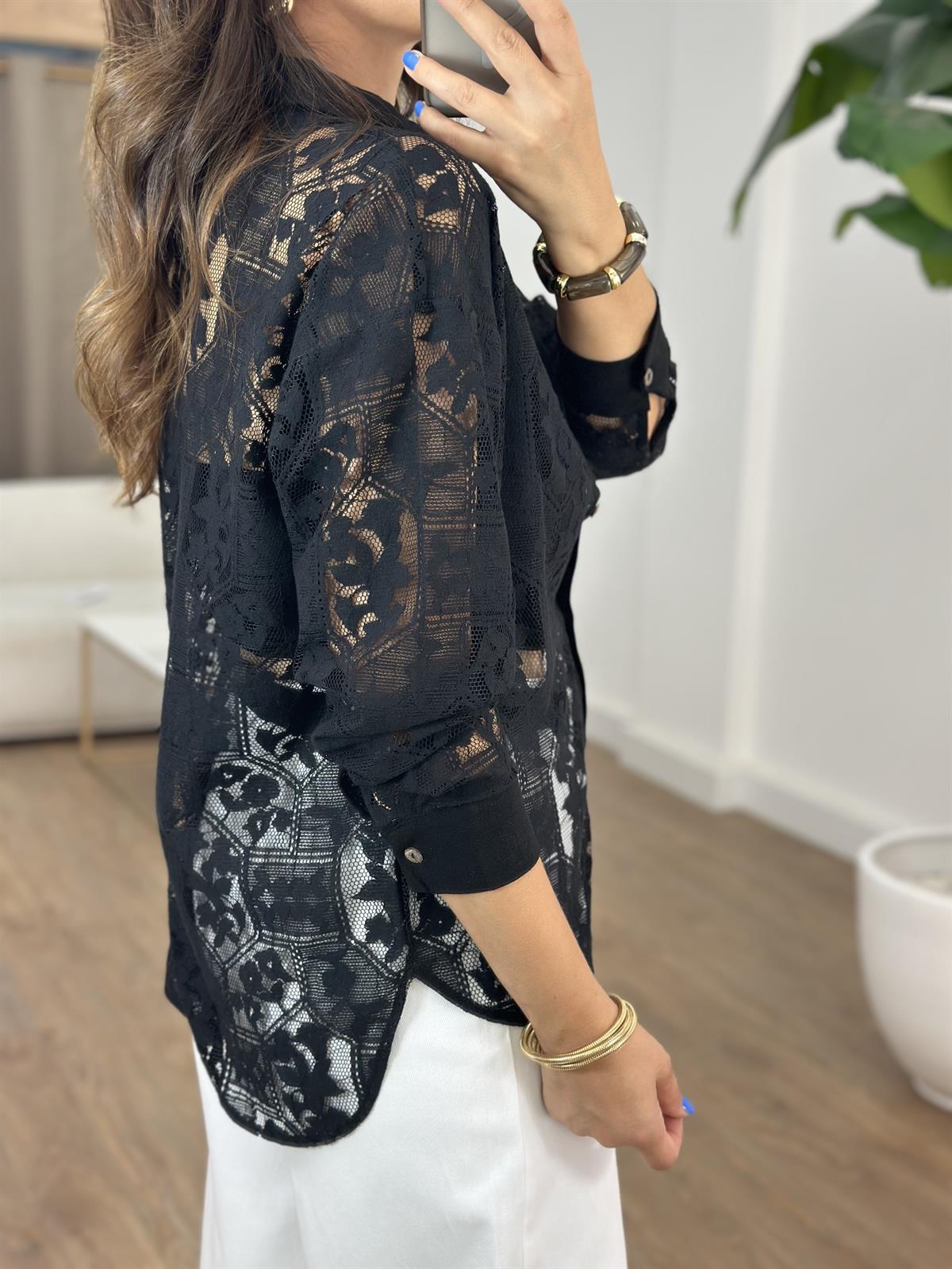 Dantel Detaylı Salaş Gömlek - Siyah