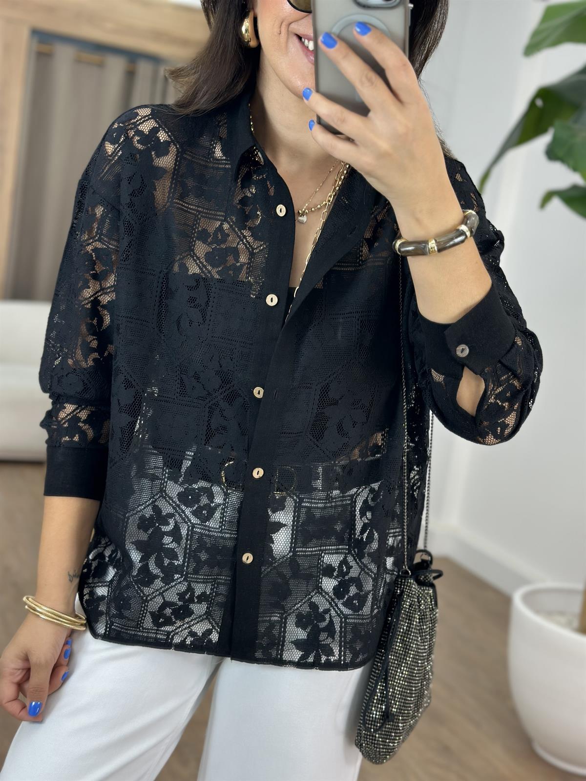 Dantel Detaylı Salaş Gömlek - Siyah