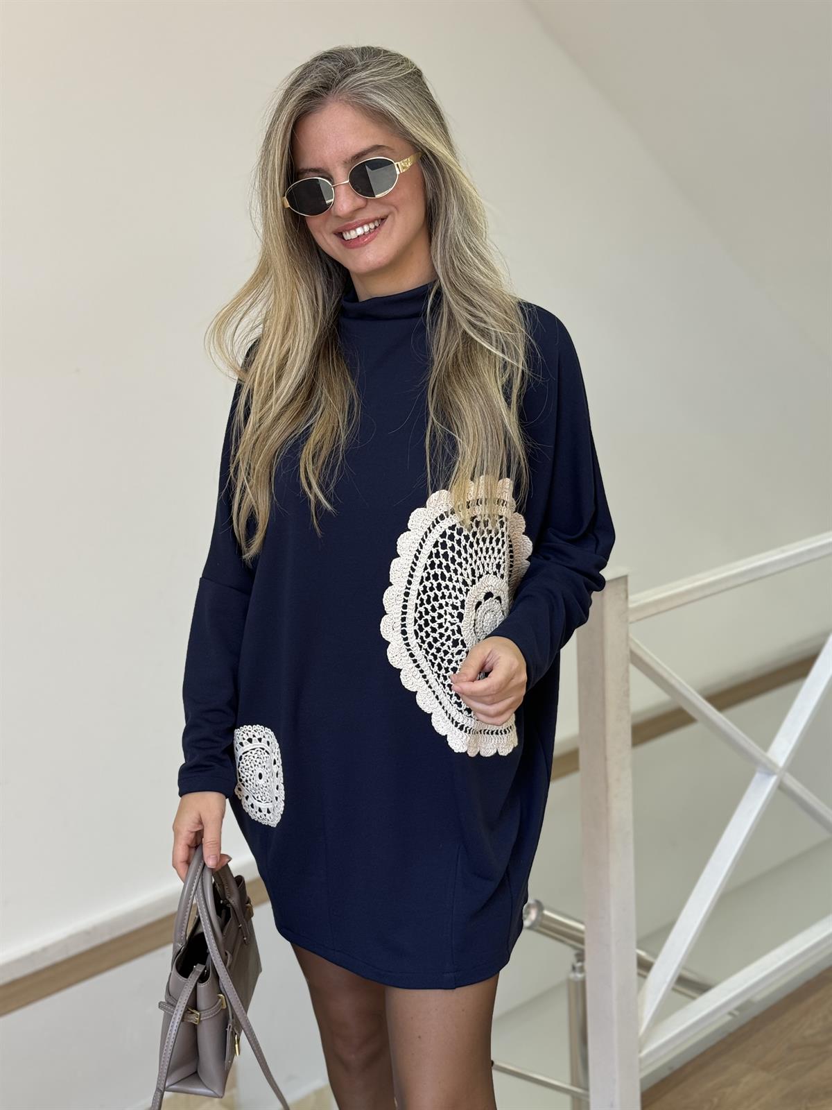 Dantel Detaylı Tunik Elbise-Lacivert