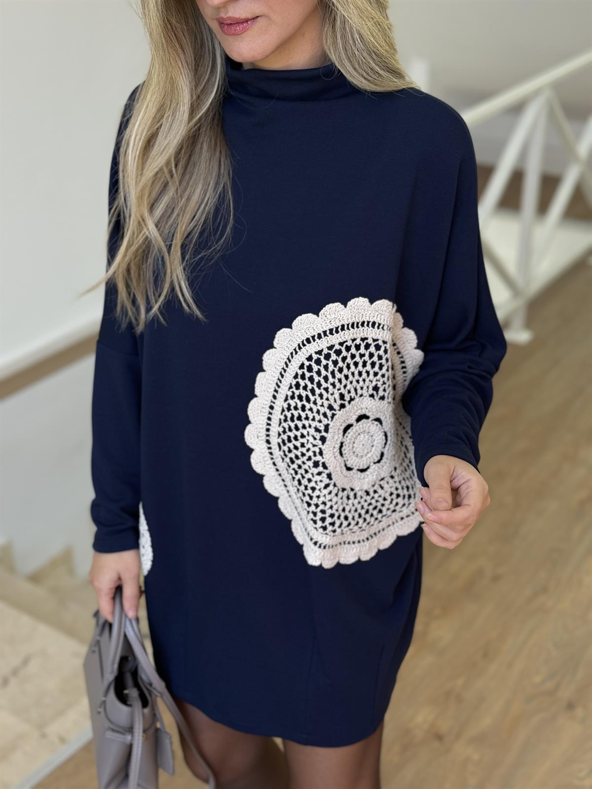 Dantel Detaylı Tunik Elbise-Lacivert