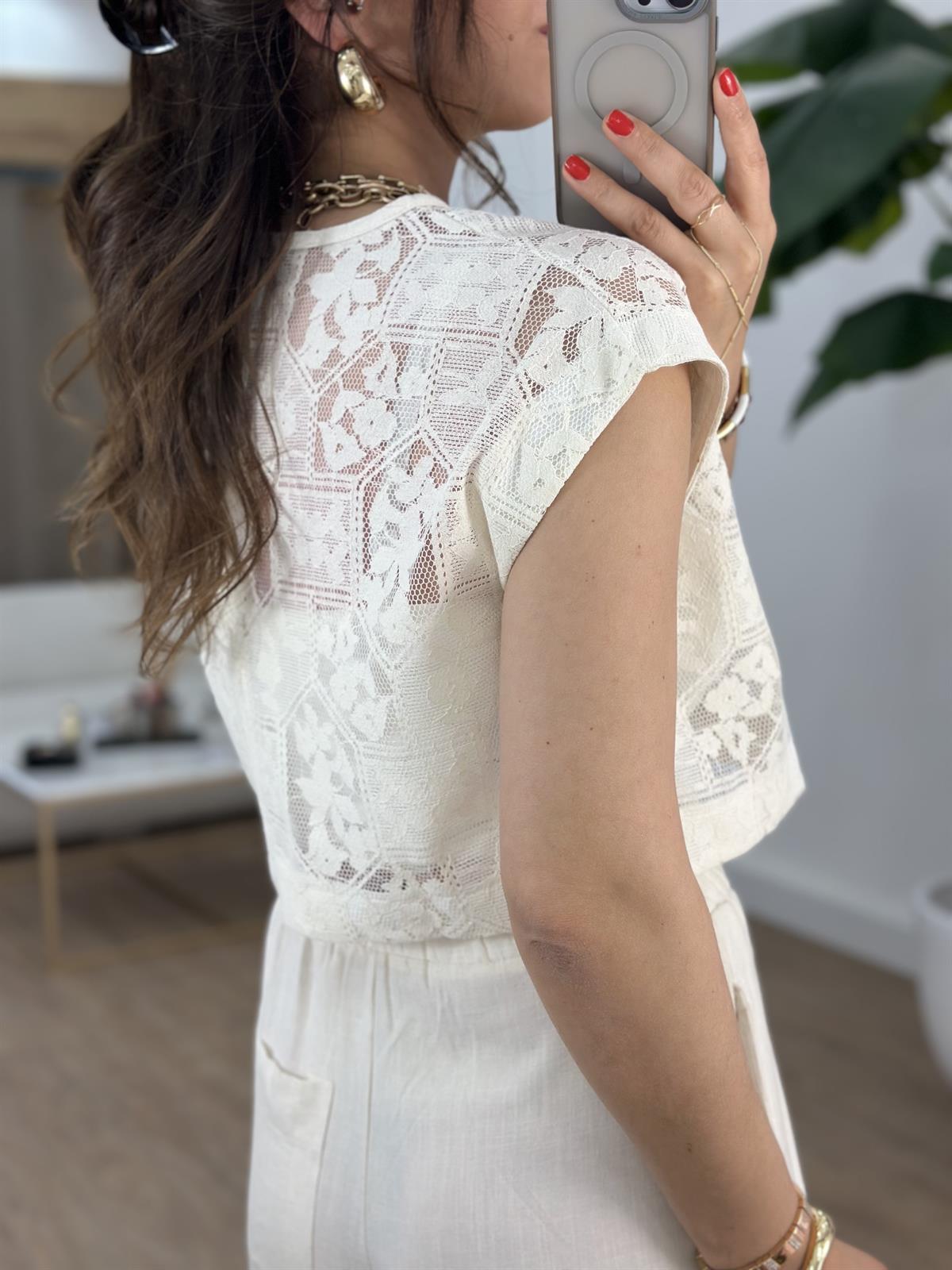 Dantel İşlemeli Kap Kol Bluz 