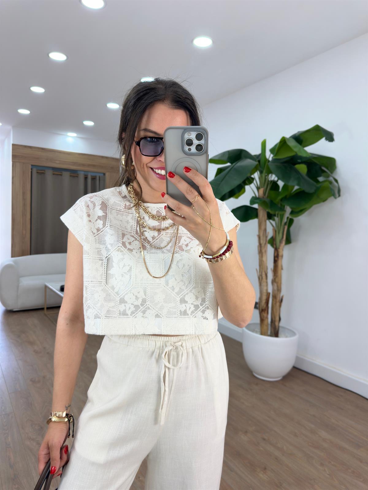 Dantel İşlemeli Kap Kol Bluz 