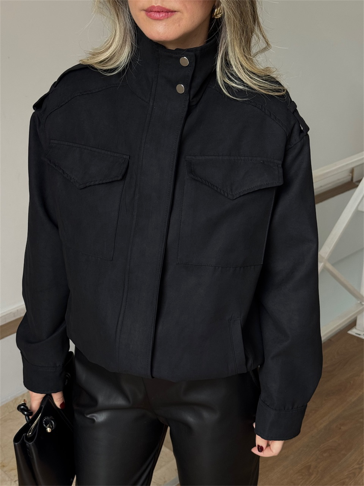 Beli Lastikli Cepli Bomber Süet Ceket - Siyah