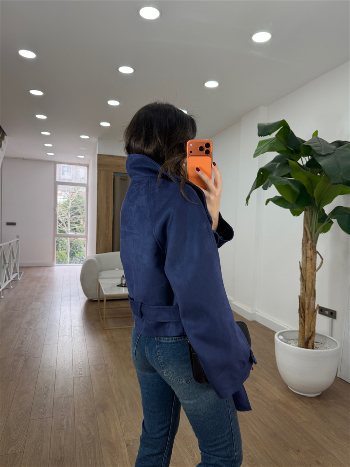 Dik Yaka Kuşaklı Süet Ceket - Lacivert 