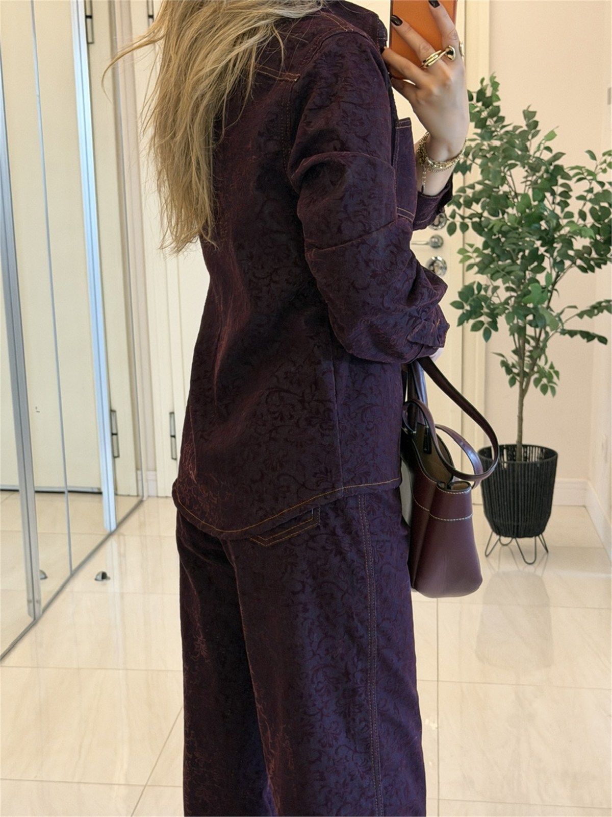 Orijinal Marka Jakar Dokuma Detaylı Denim Takım - Mürdüm