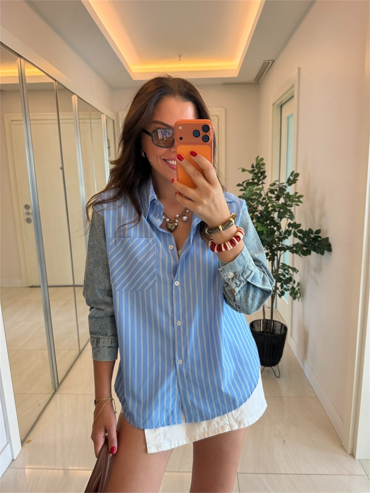 Çizgili Poplin Denim Mix Gömlek - Mavi