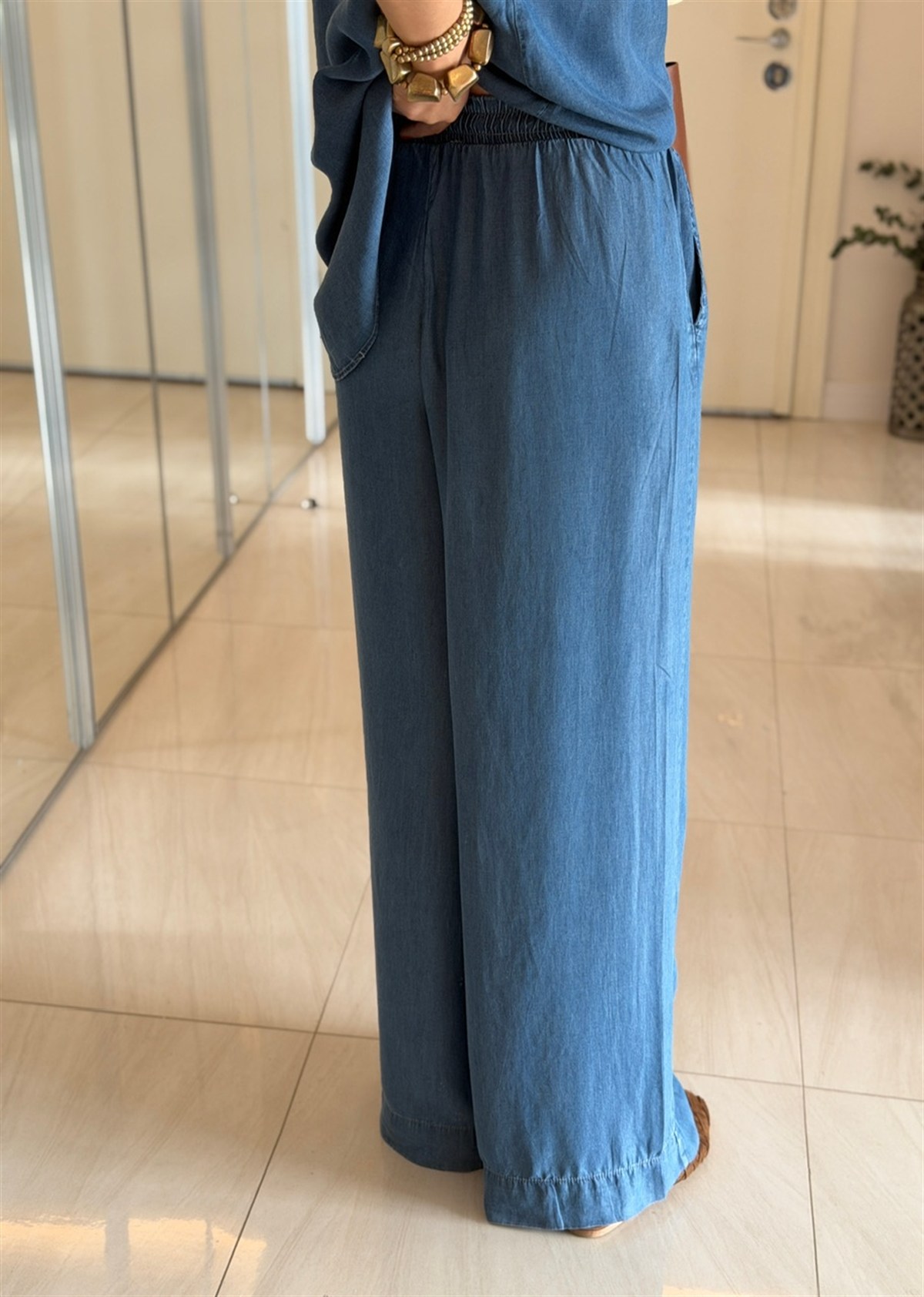 Yarım Kol Premium Tensel Denim Takım - Mavi