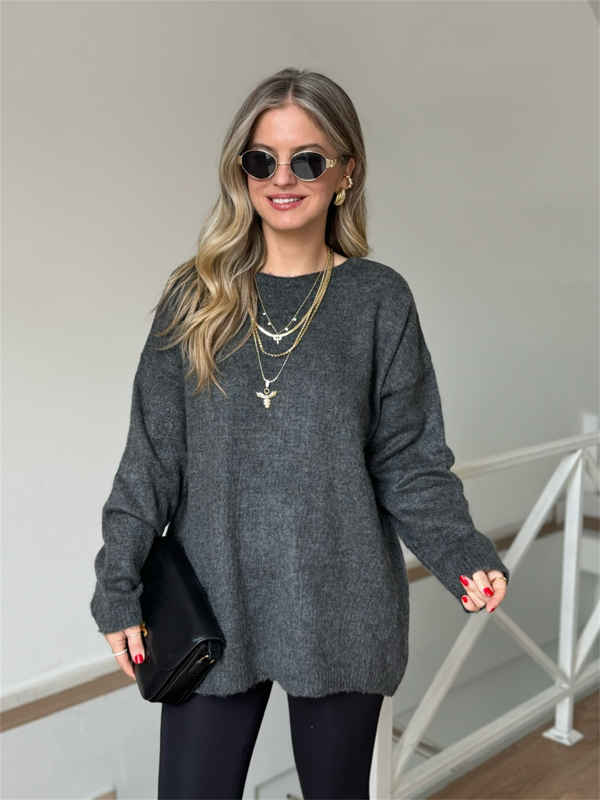 Arkası Dantel Detaylı Triko Kazak - Antrasit