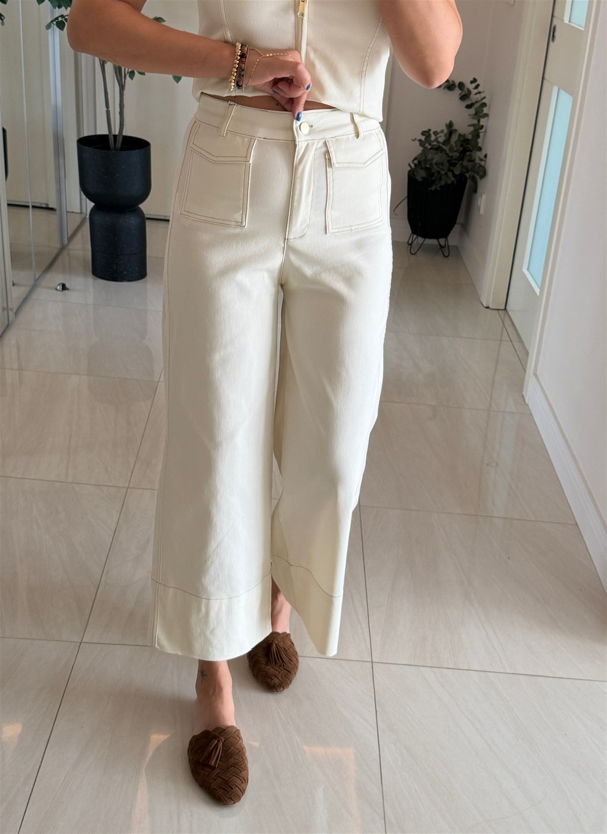 Önü Cepli Likralı Duble Paça Denim Pantolon - Ekru