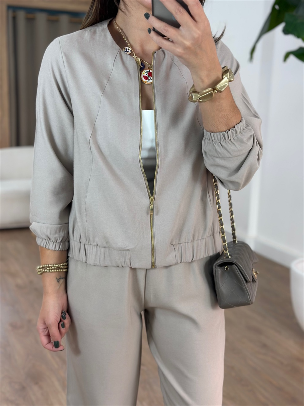 Fermuarlı Pantolon Ceket Takım - Taş